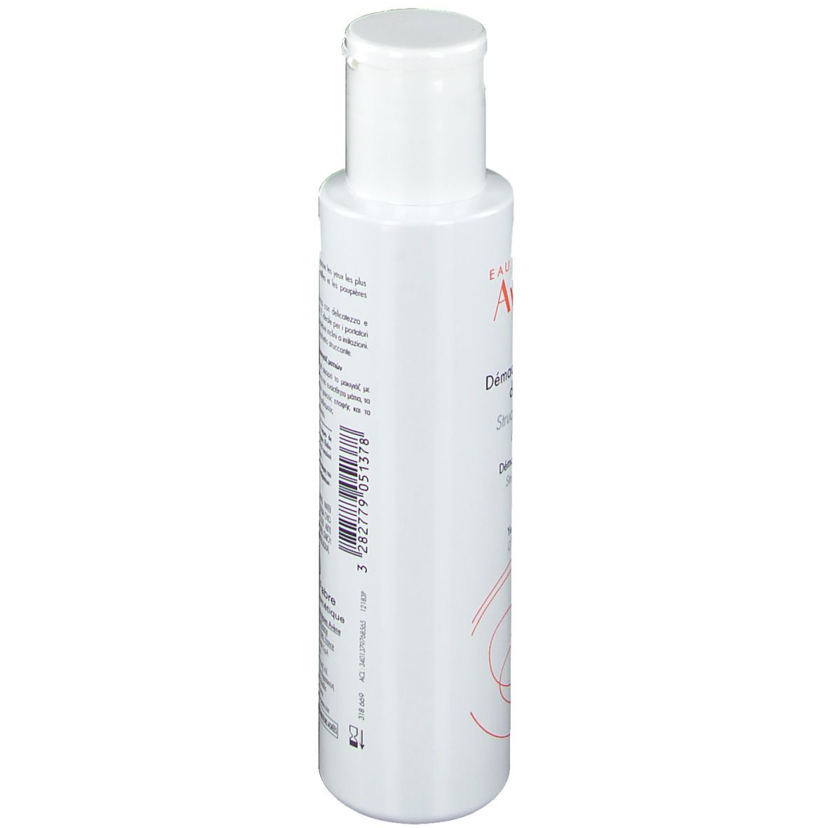 Dos d'un flacon blanc. Texte: Ingrédients, Pierre Fabre Dermo-Cosmétique, code-barres. Pour les yeux sensibles. 125 ml.