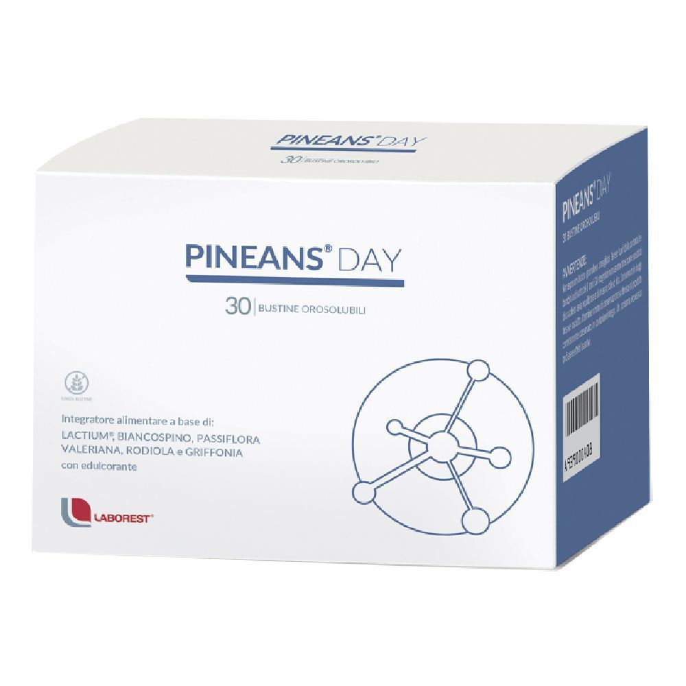 Scatola bianca PINEANS® DAY con 30 bustine. Contiene Lactium, biancospino, passiflora, valeriana, rodiola e griffonia.