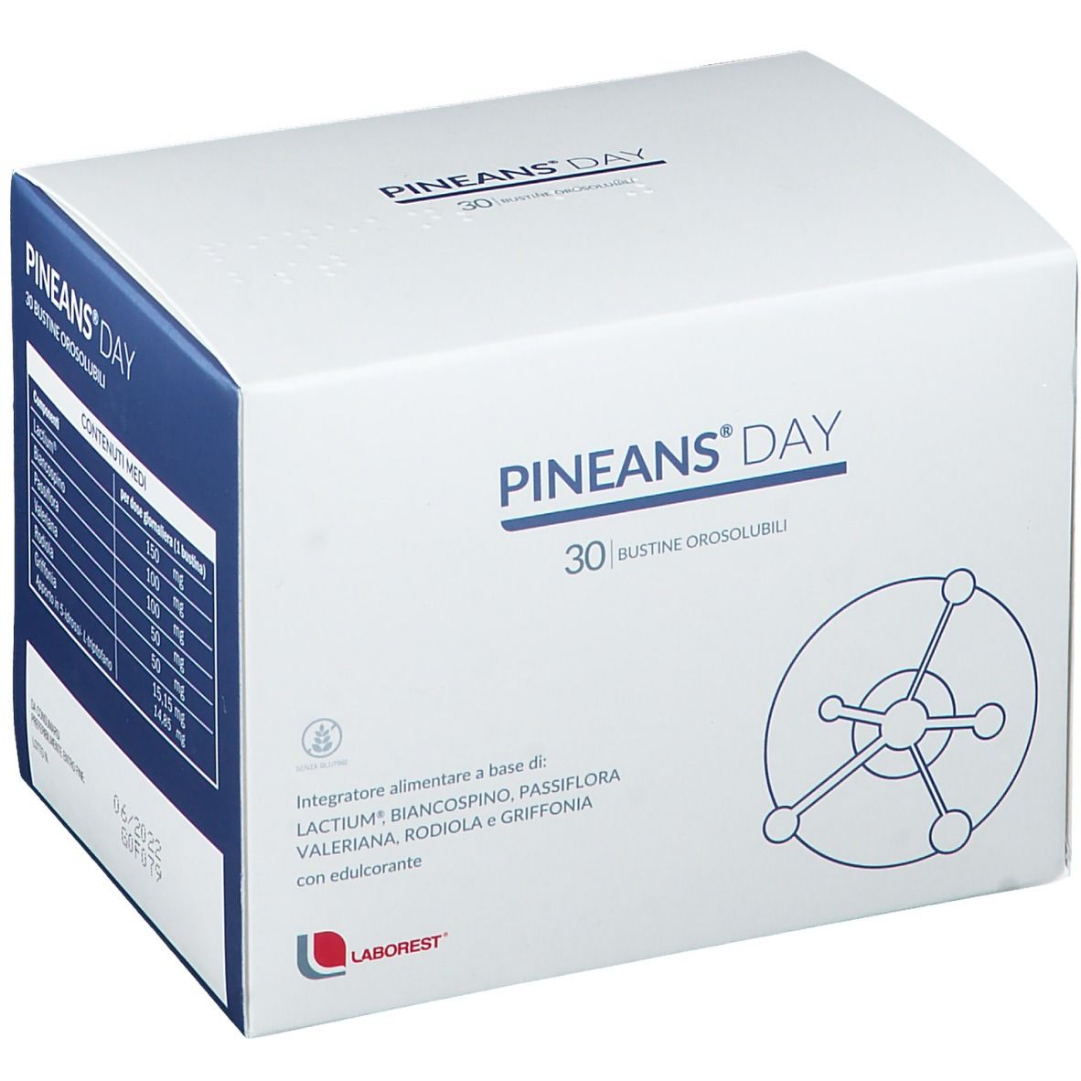 Scatola bianca PINEANS® DAY con 30 bustine. Tabella ingredienti: Lactium, biancospino, passiflora, valeriana, rodiola.