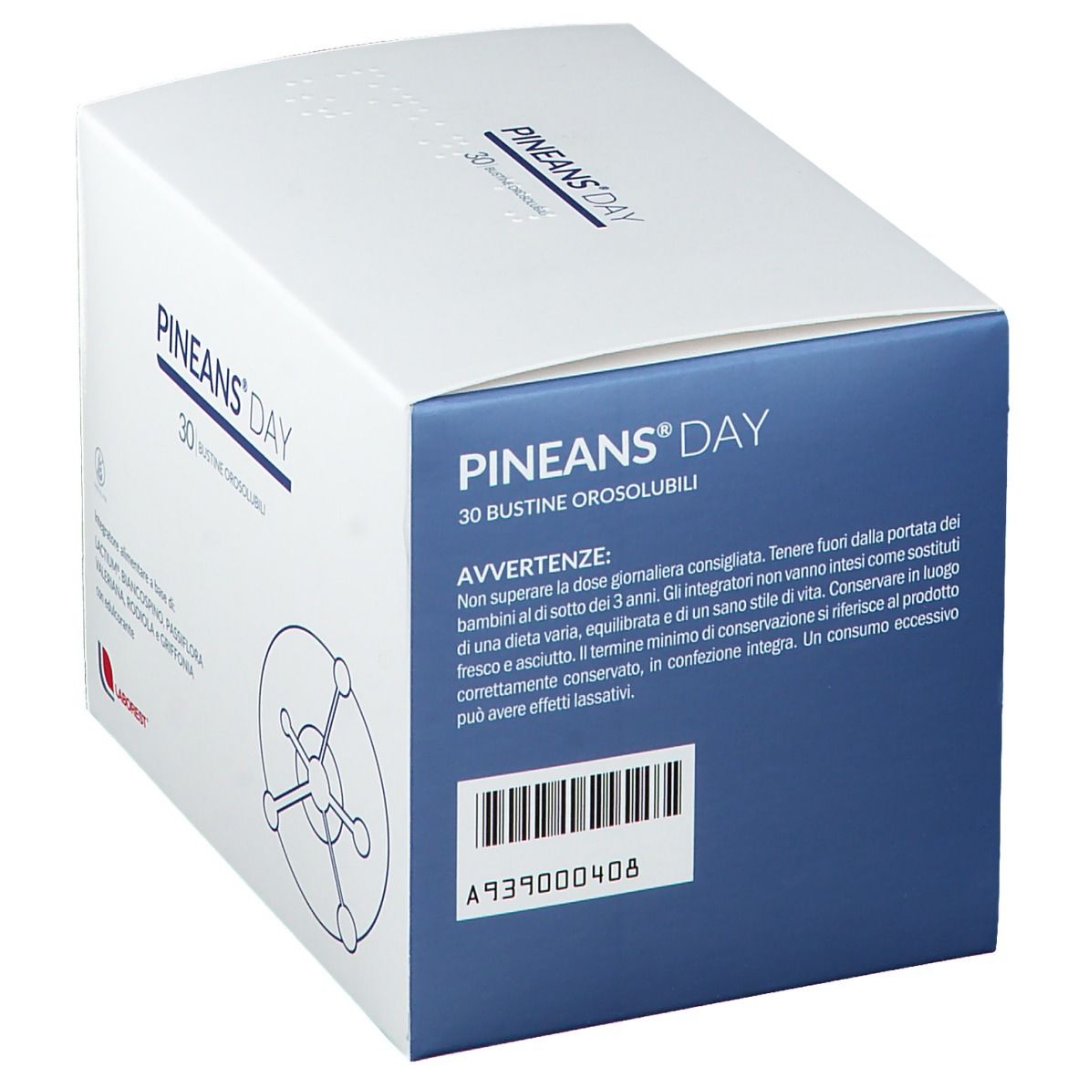 Scatola bianca PINEANS® DAY con 30 bustine. Avvertenze e grafica. Retro con testo e codice a barre.