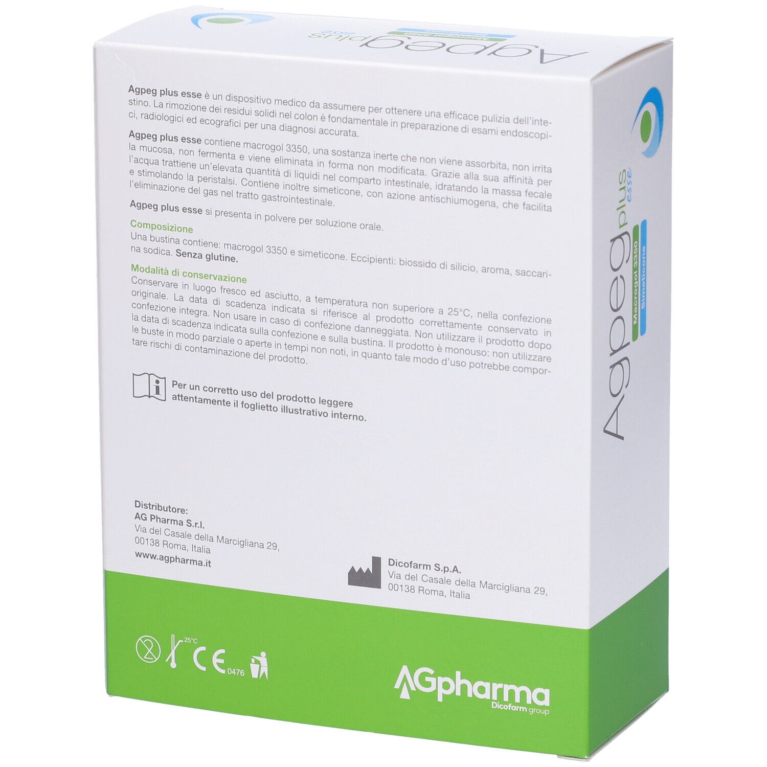 Retro di una scatola bianca. Informazioni testuali. Scritta: Agpeg plus esse. AG Pharma.