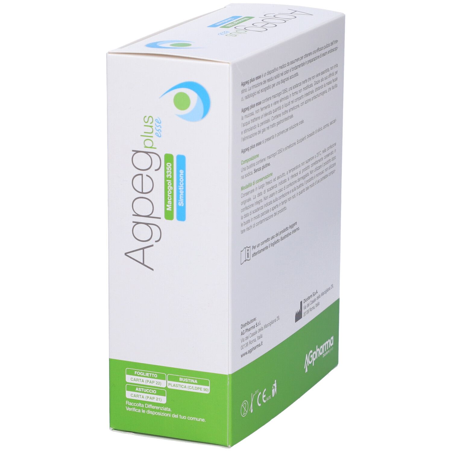 Scatola bianca in diagonale. Scritta: Agpeg plus esse, Macrogol 3350, Simeticone. Base verde. AG Pharma.