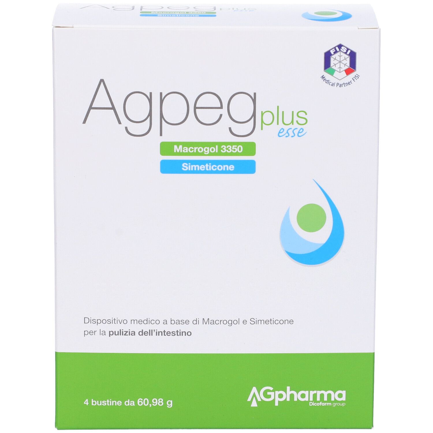 Scatola bianca e verde. Scritta: Agpeg plus esse, Macrogol 3350, Simeticone. 4 bustine, 60,98 g. AG Pharma.