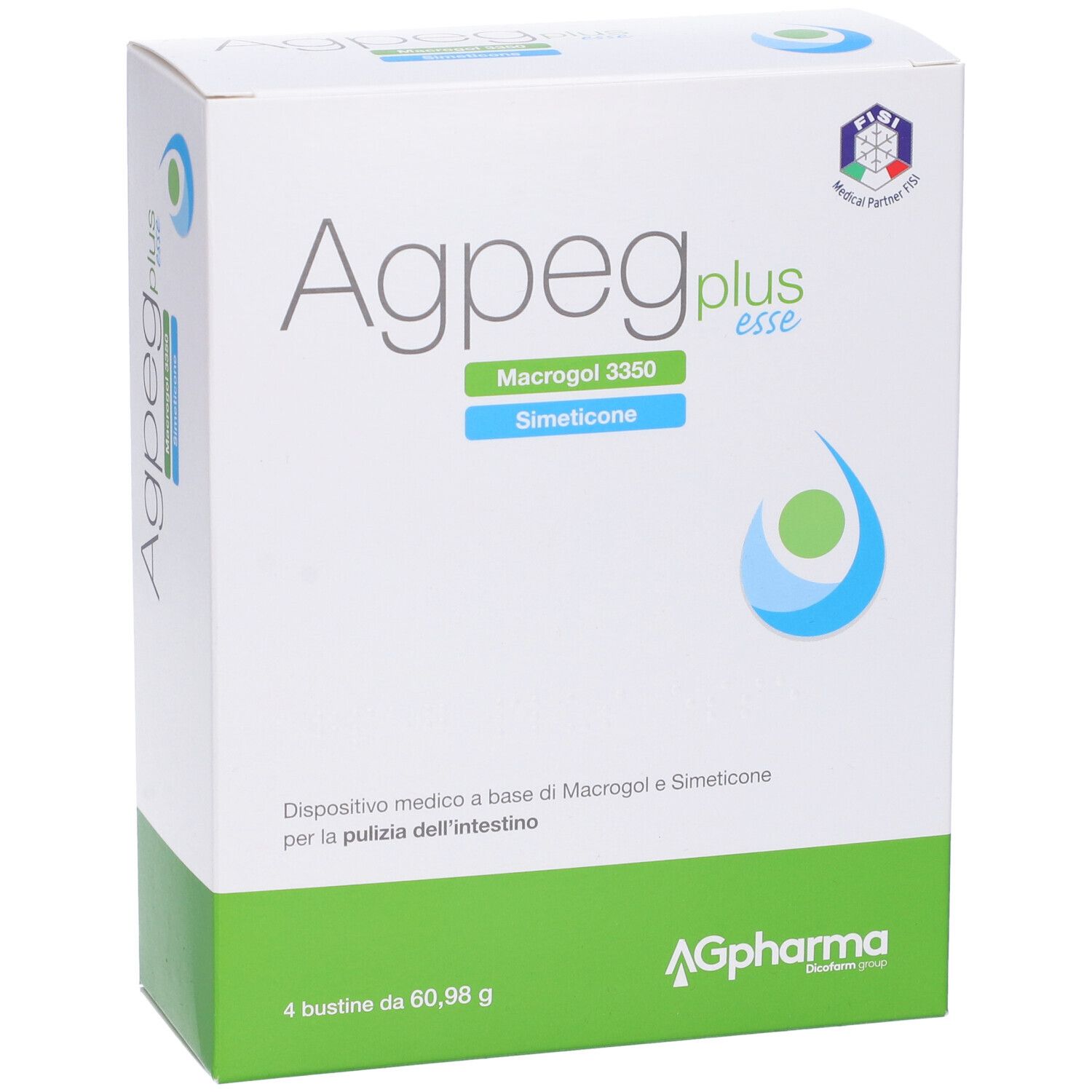 Scatola bianca e verde. Scritta: Agpeg plus esse, Macrogol 3350, Simeticone. 4 bustine, 60,98 g. AG Pharma.
