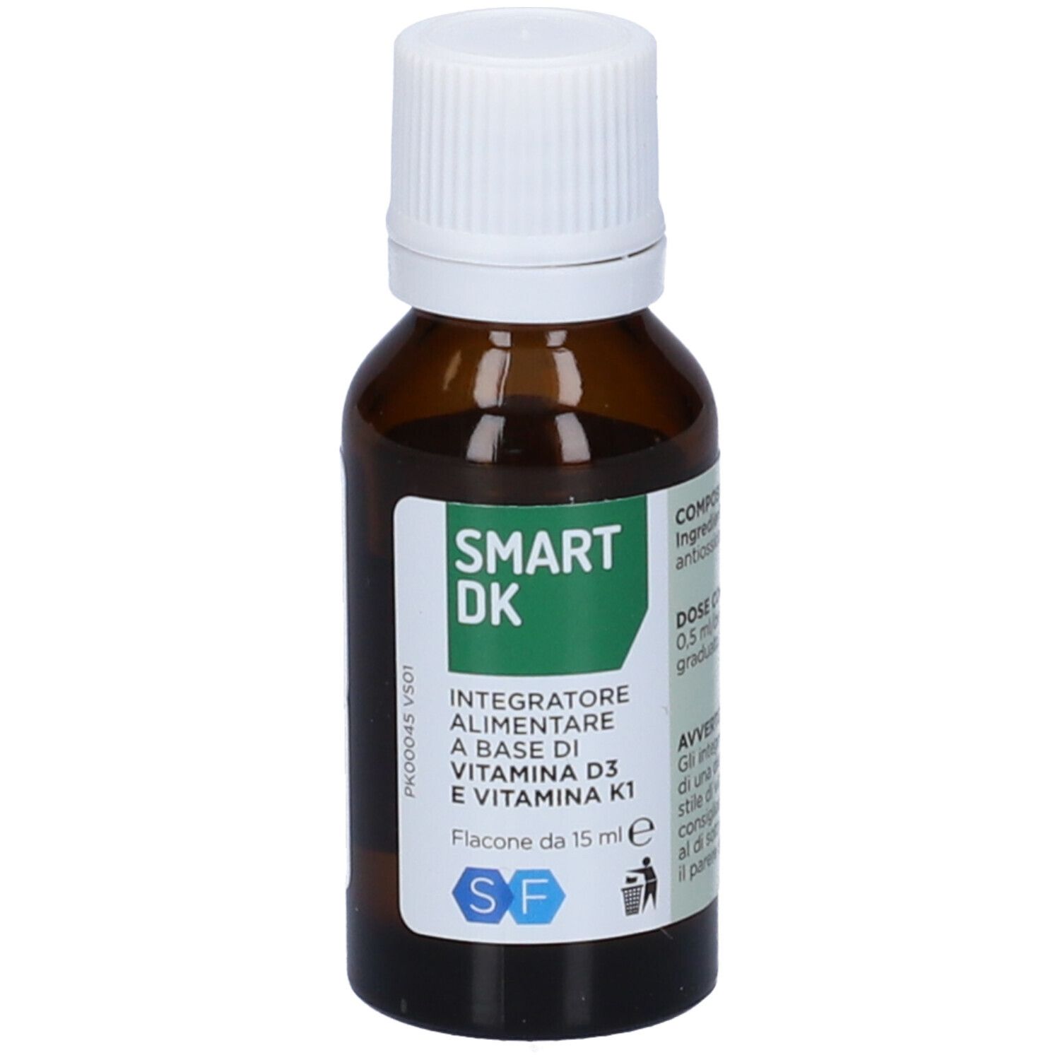 Flacone di vetro marrone con tappo bianco. Scritta: SMART DK, integratore alimentare a base di vitamina D3 e K1. 15 ml.