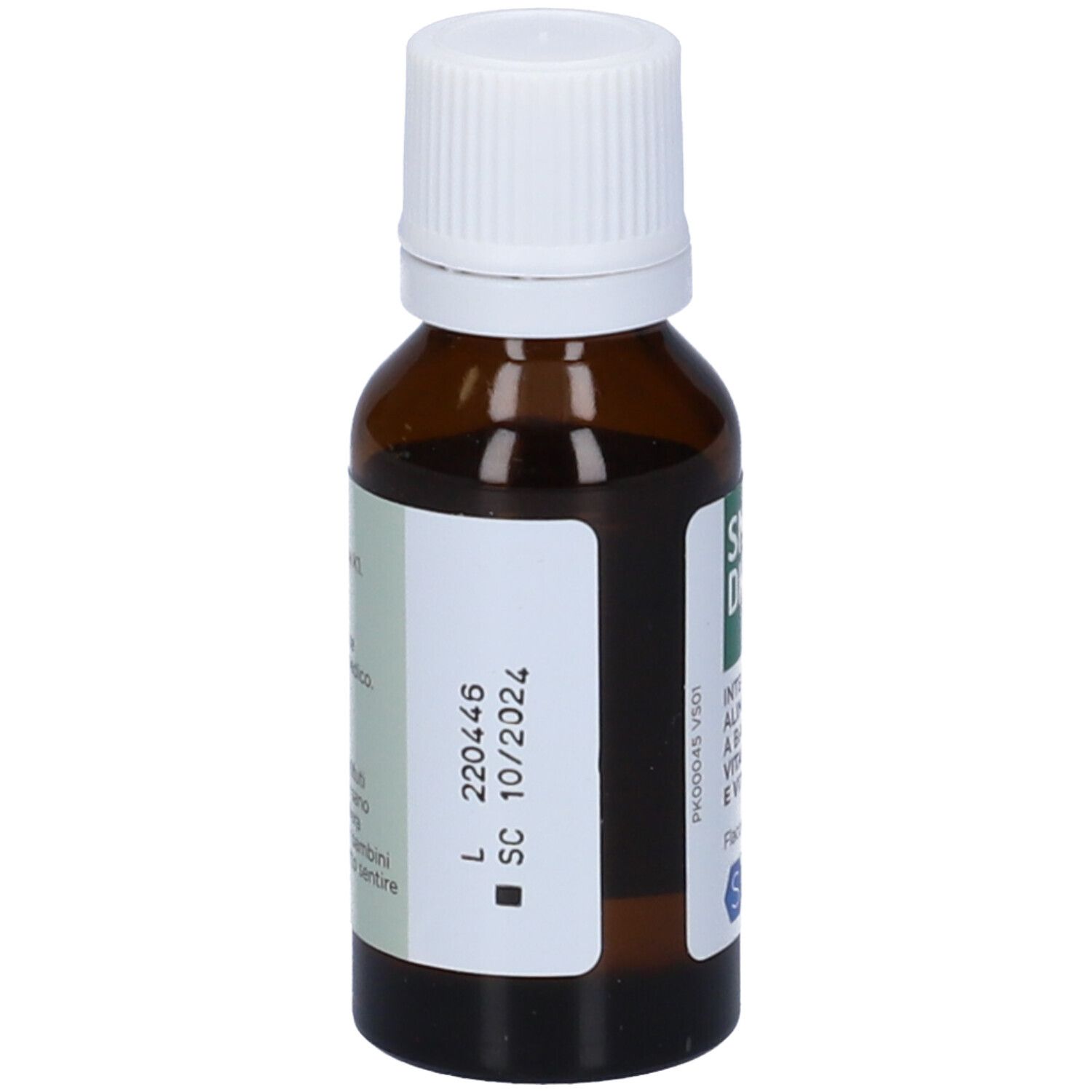Flacone di vetro marrone con tappo bianco. Scritta: SMART DK, integratore alimentare a base di vitamina D3 e K1. 15 ml. Retro.