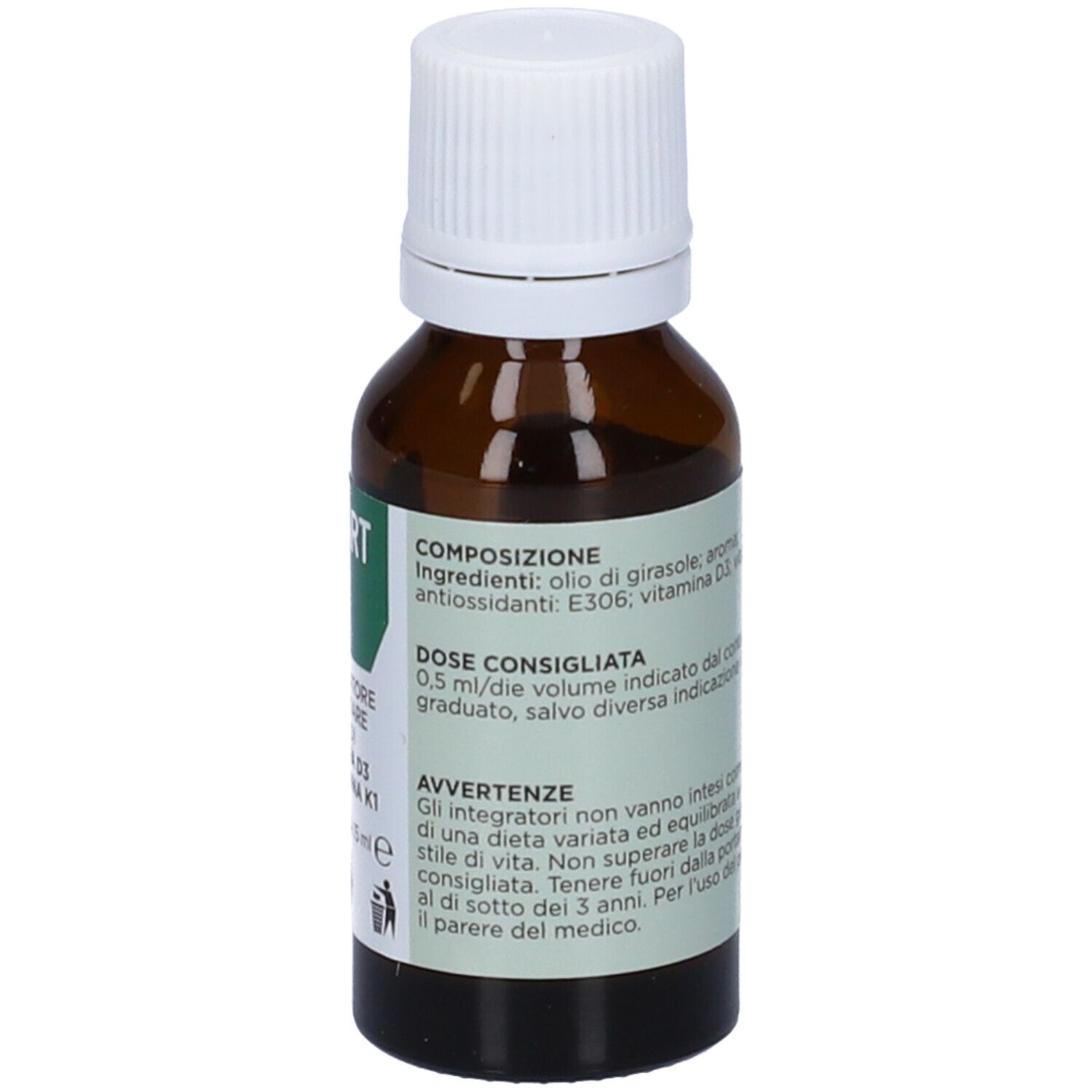 Flacone di vetro marrone con tappo bianco. Scritta: SMART DK, integratore alimentare a base di vitamina D3 e K1. 15 ml. Ingredienti.