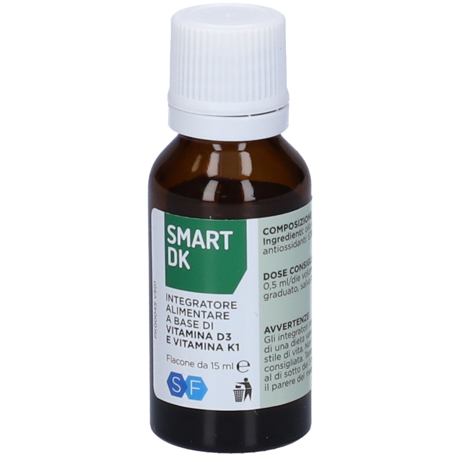 Flacone di vetro marrone con tappo bianco. Scritta: SMART DK, integratore alimentare a base di vitamina D3 e K1. 15 ml. Dosaggio.