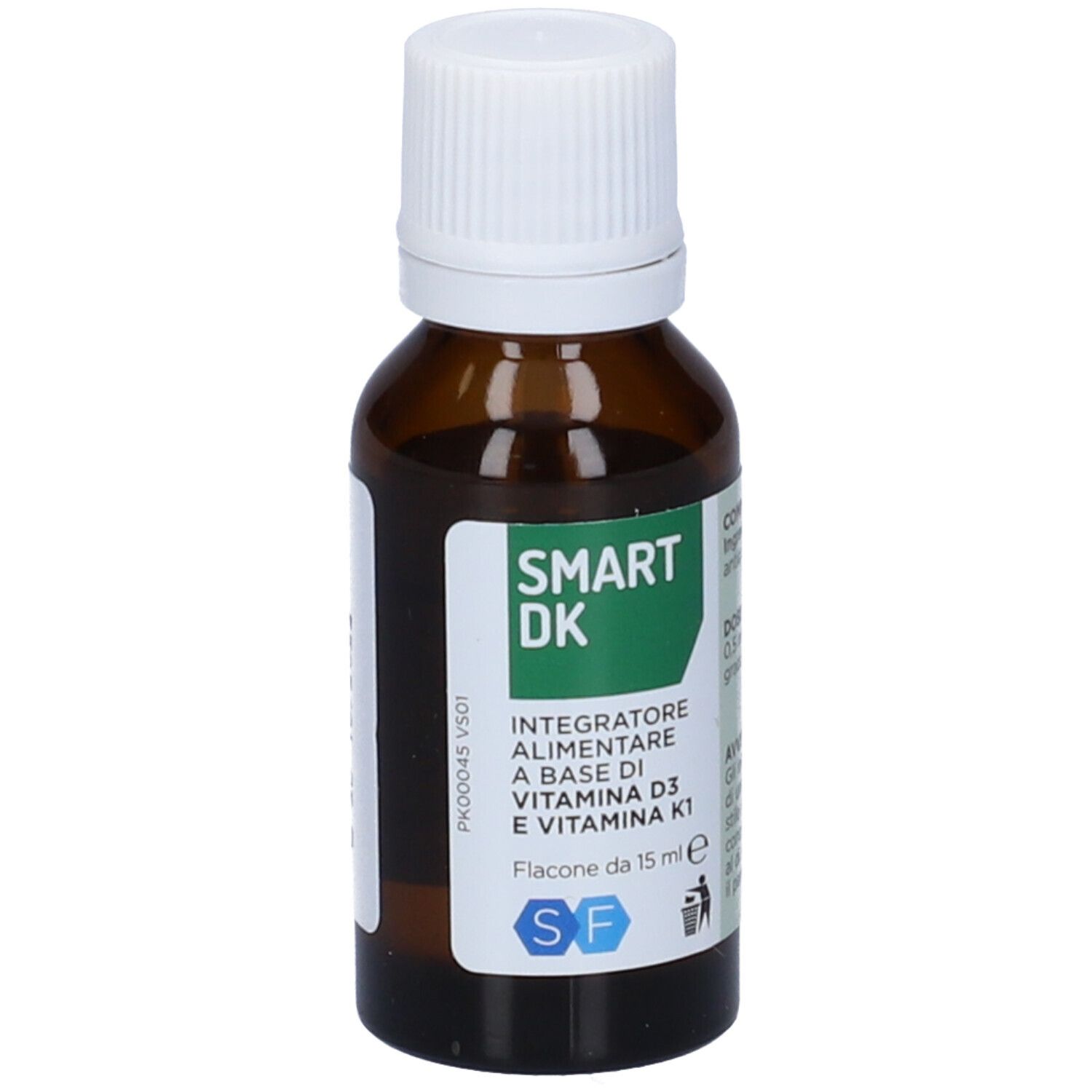 Flacone di vetro marrone con tappo bianco. Scritta: SMART DK, integratore alimentare a base di vitamina D3 e K1. 15 ml.
