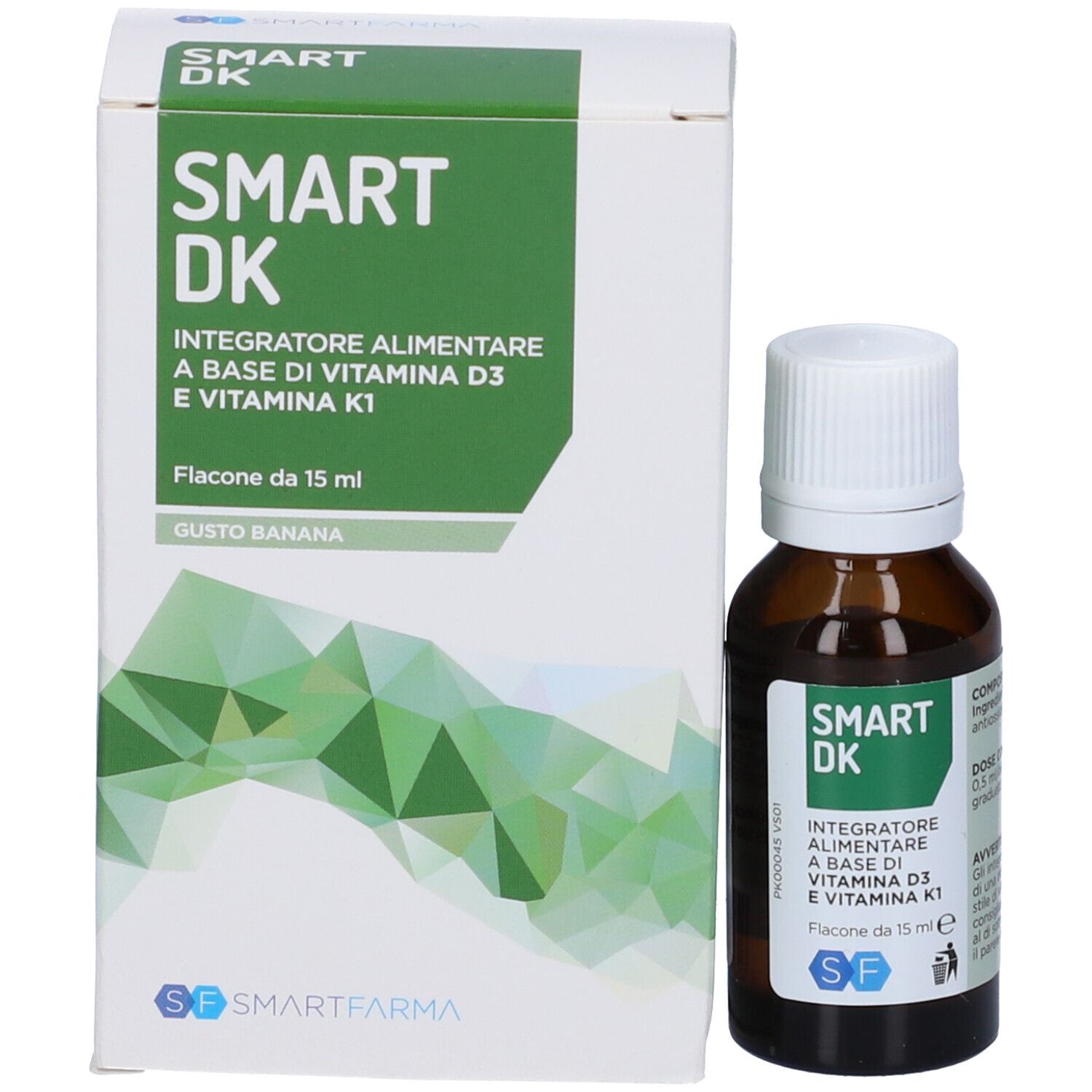 Confezione del prodotto: scatola e flacone. Scritta: SMART DK, integratore alimentare a base di vitamina D3 e K1. 15 ml. Gusto banana.