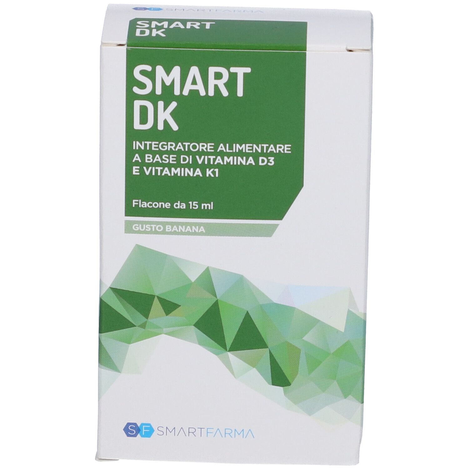 Scatola bianca con fascia verde. Scritta: SMART DK, integratore alimentare a base di vitamina D3 e K1. Gusto banana.