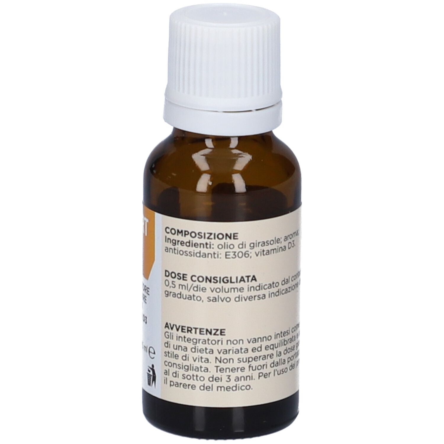 Braune Flasche mit weißem Deckel. Etikett mit Inhaltsstoffen und Dosierung. Enthält Sonnenblumenöl, Aroma, Vitamin D3.