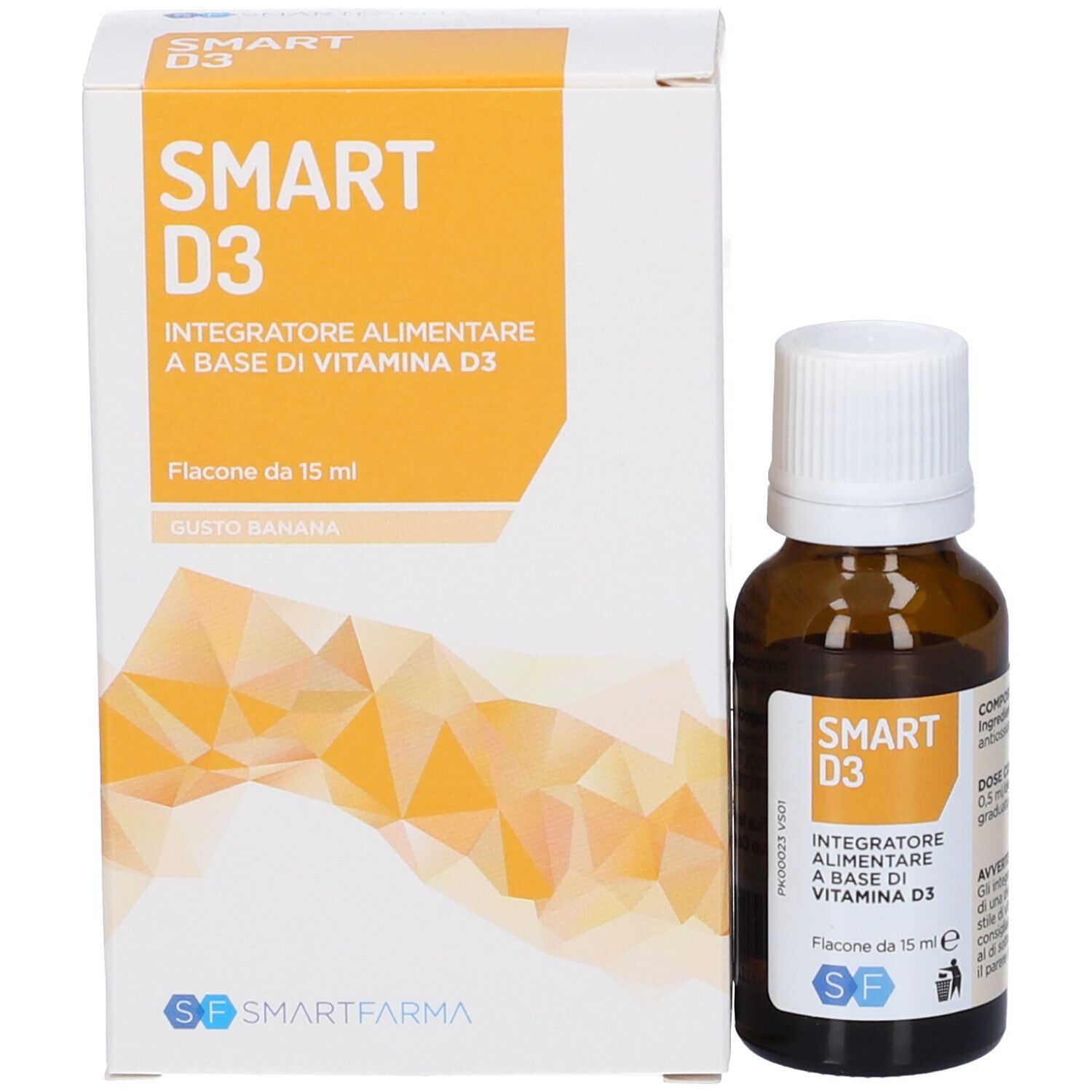 Verpackung und Flasche. Karton mit SMART D3, Integratore Alimentare a base di Vitamina D3. Flasche 15 ml.