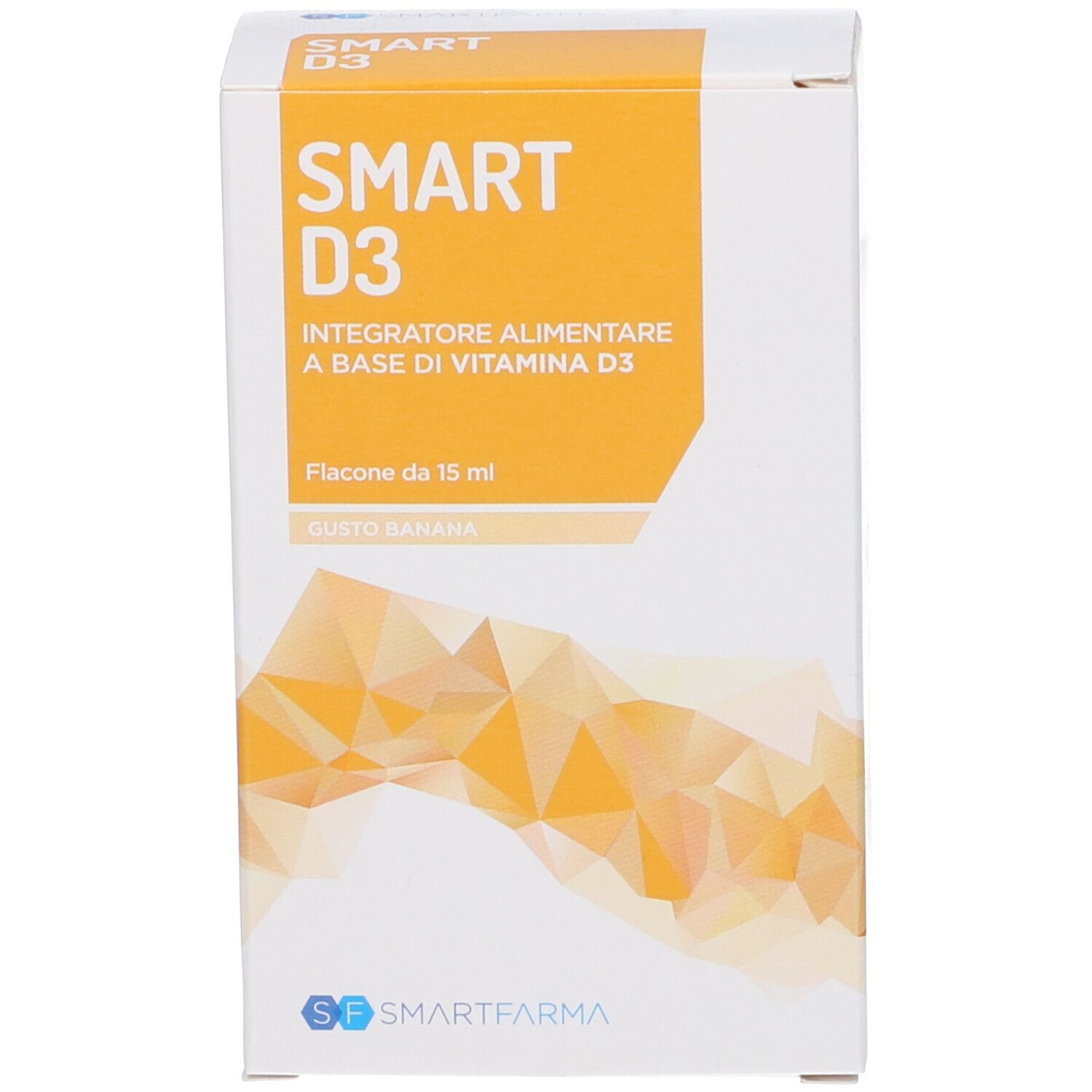 Weiße Verpackung mit gelbem Akzent. Aufschrift SMART D3, Integratore Alimentare a base di Vitamina D3. Flasche 15 ml.