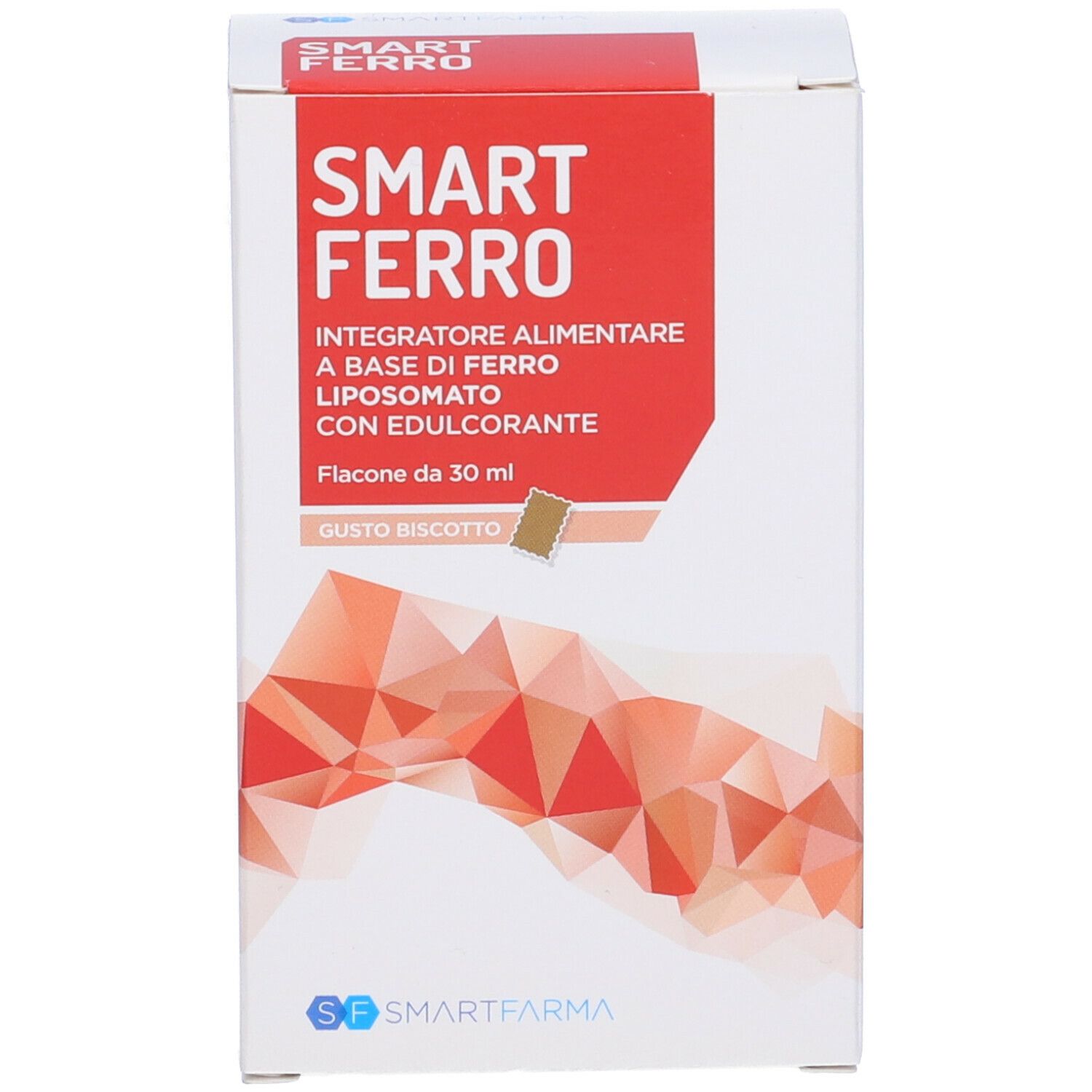 Scatola Smart Ferro. Rossa e bianca, con informazioni sul prodotto e logo.