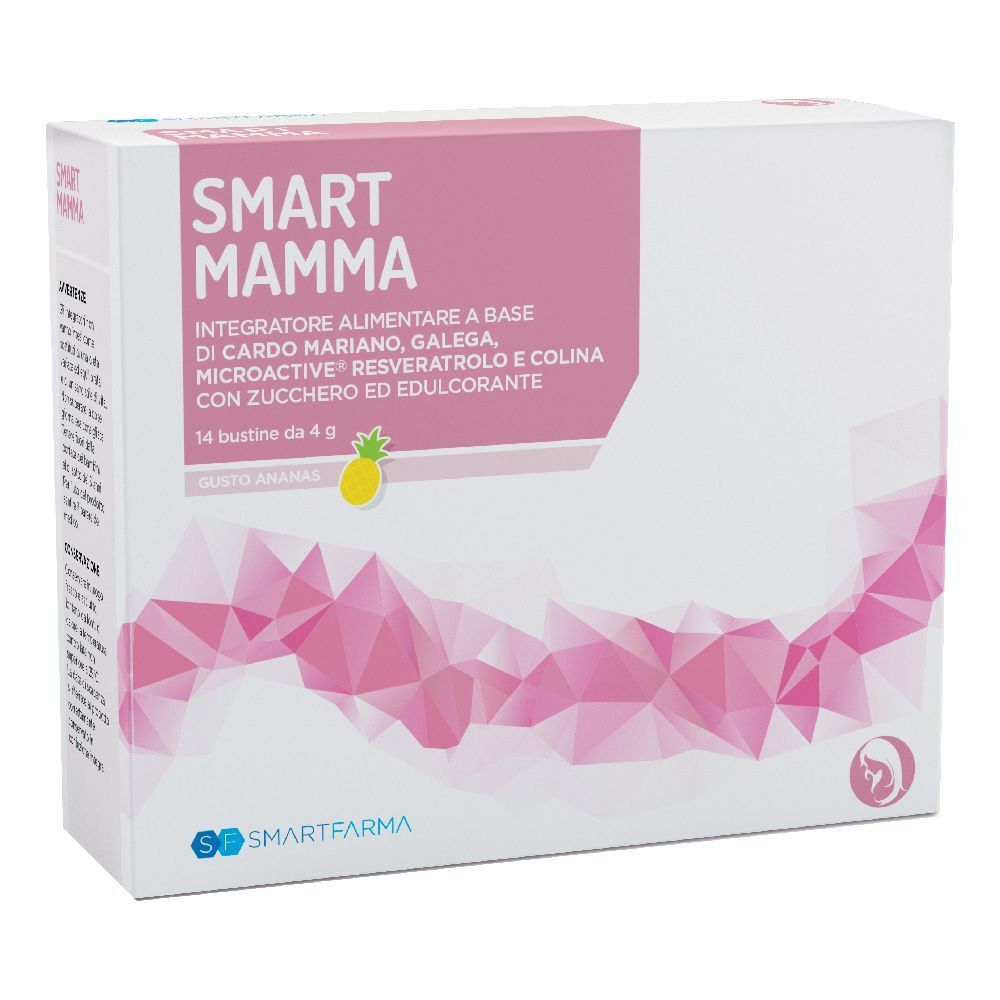 Scatola Smart Mamma, 14 bustine gusto ananas. Scatola bianca e rosa con nome del prodotto e ingredienti.