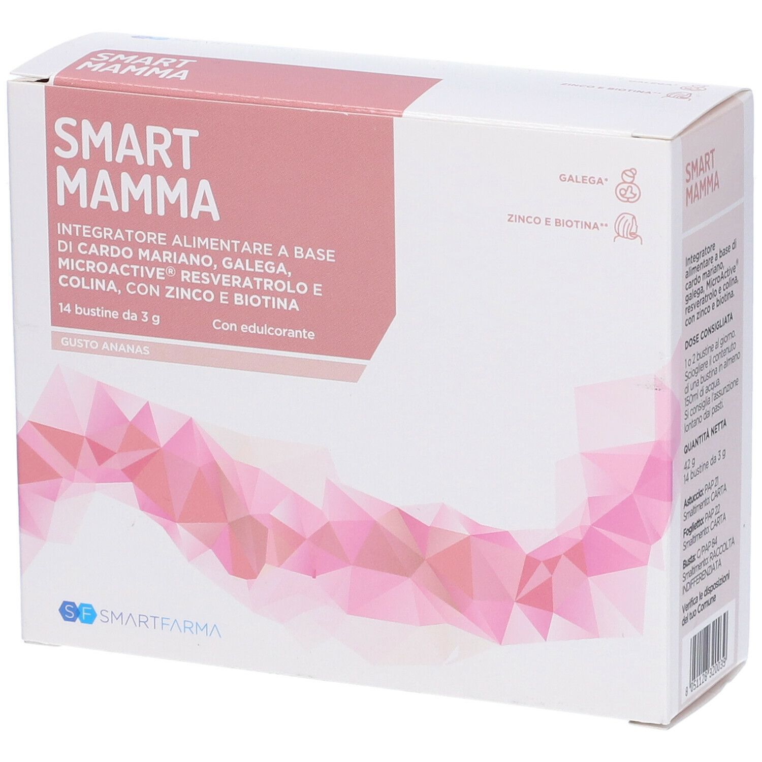 Scatola Smart Mamma, 14 bustine, gusto ananas. Scatola bianca con dettagli rosa, nome del prodotto e ingredienti.