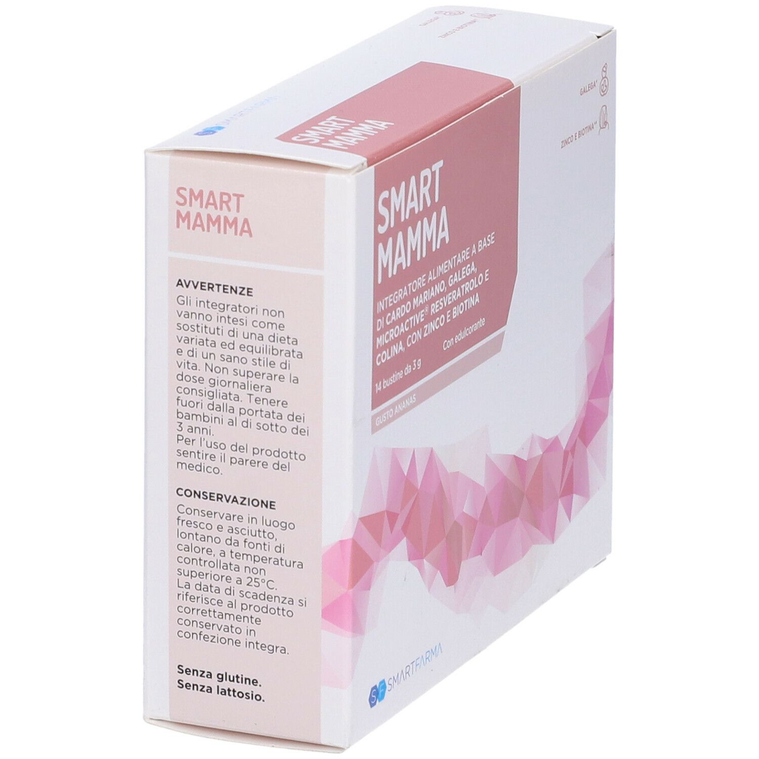 Scatola Smart Mamma, 14 bustine. Scatola bianca con dettagli rosa, nome del prodotto e ingredienti. Vista laterale.