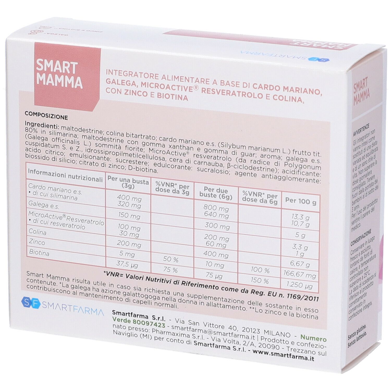 Retro della confezione Smart Mamma. Contiene informazioni sugli ingredienti e i valori nutrizionali. Scatola bianca.