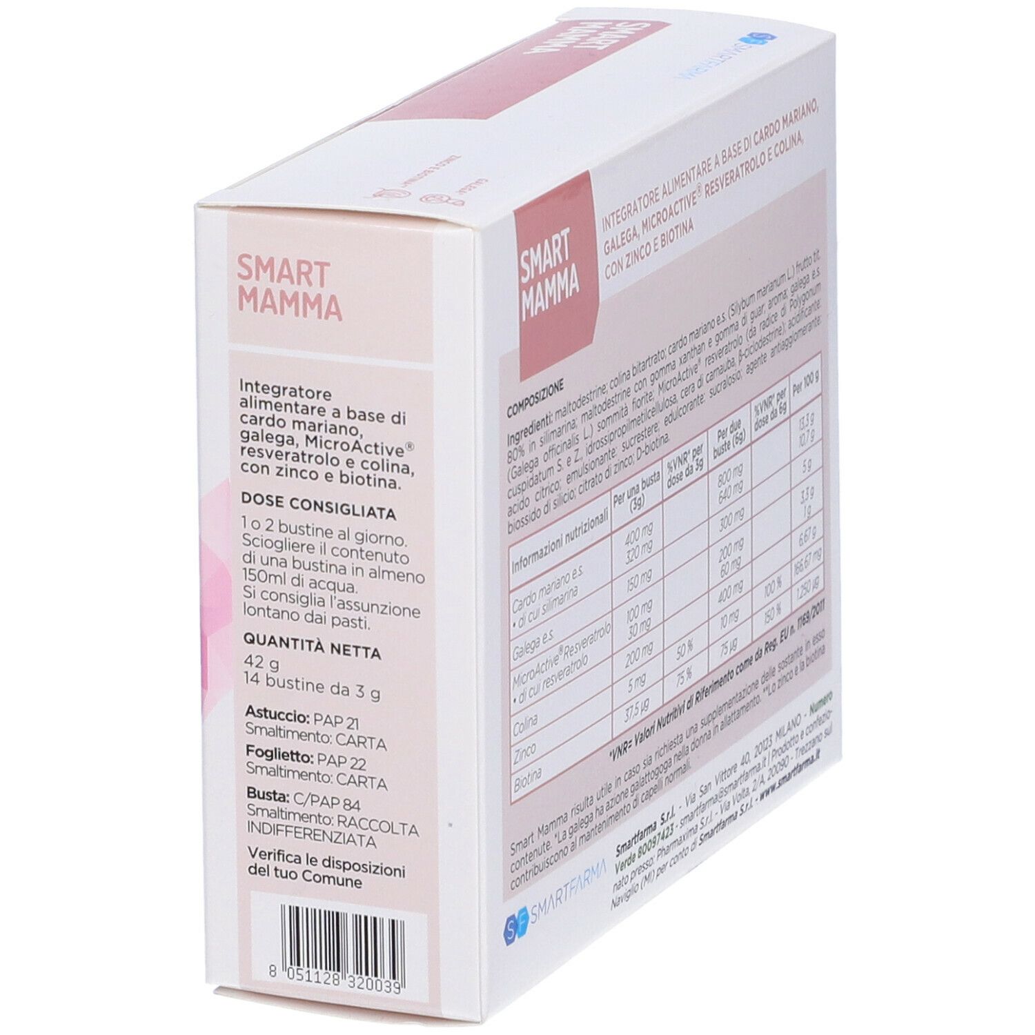Scatola Smart Mamma, 14 bustine. Scatola bianca con dettagli rosa, nome del prodotto e ingredienti. Vista obliqua.