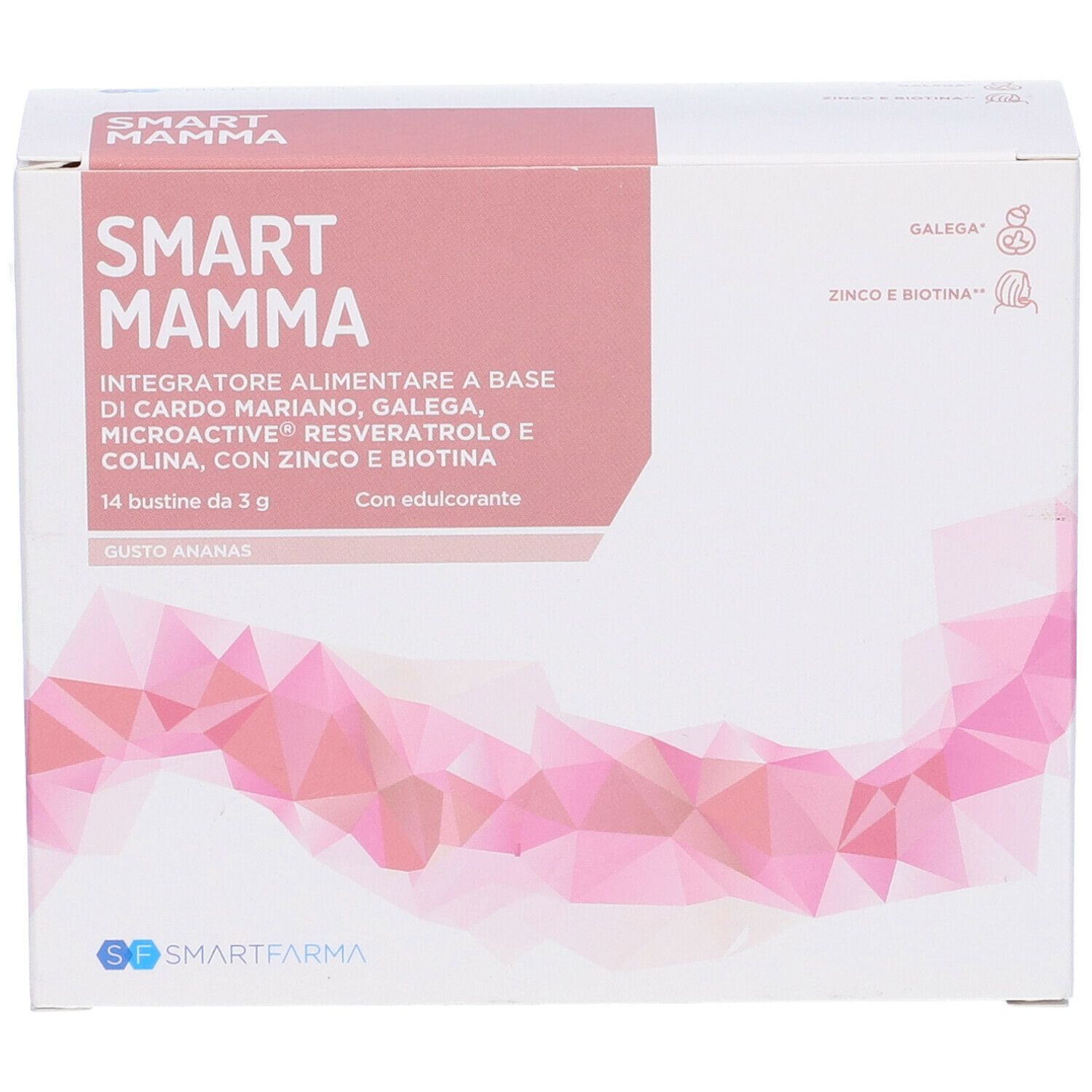 Scatola Smart Mamma, 14 bustine, gusto ananas. Scatola bianca con dettagli rosa, nome del prodotto e ingredienti.