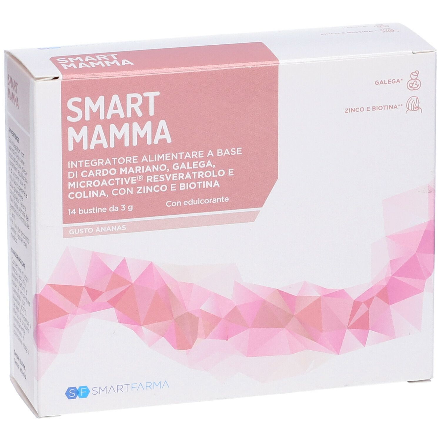 Scatola Smart Mamma, 14 bustine, gusto ananas. Scatola bianca con dettagli rosa, nome del prodotto e ingredienti.