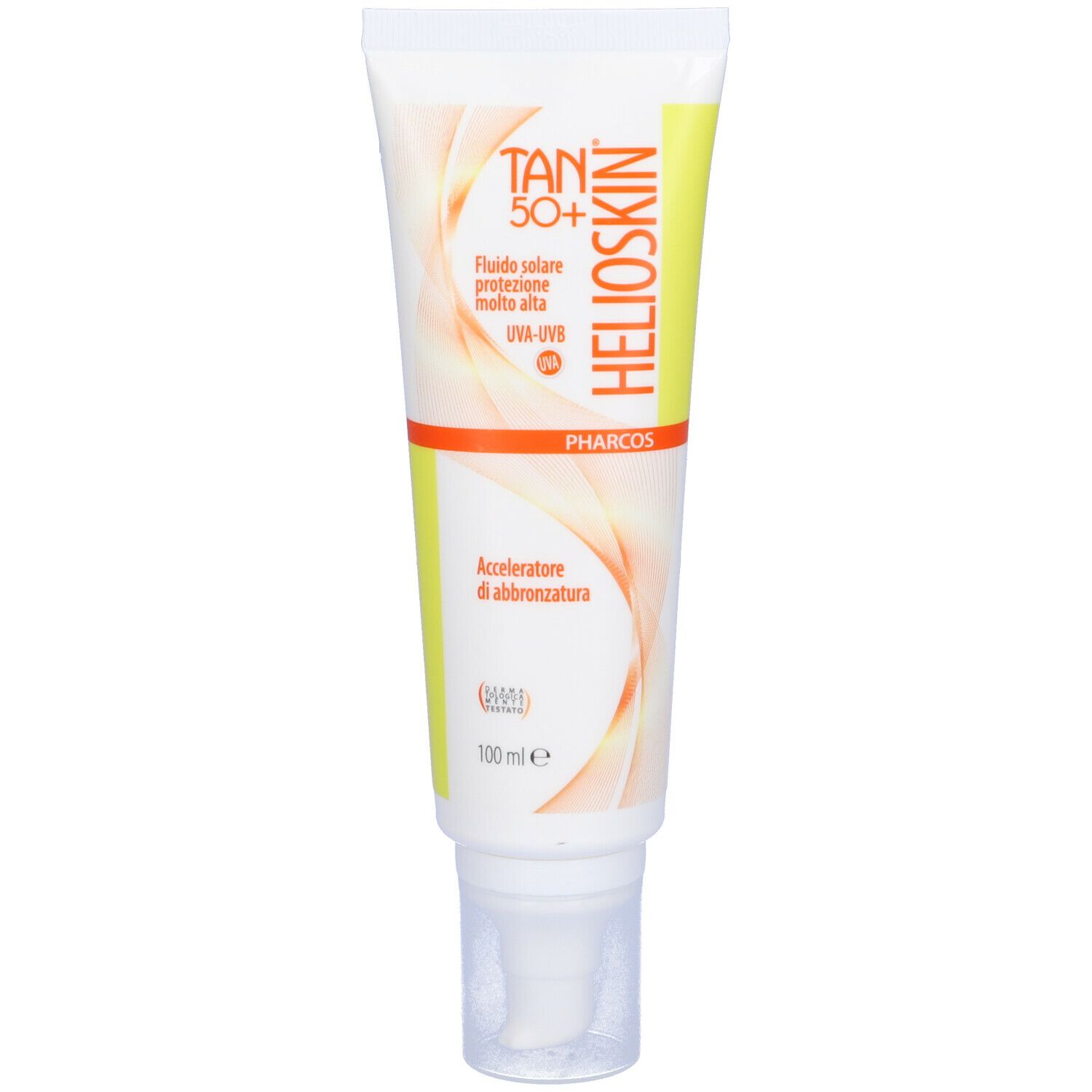 Tubo Pharcos Helioskin Tan SPF50+. Scritta: Tan 50+, Helioskin, UVA-UVB.