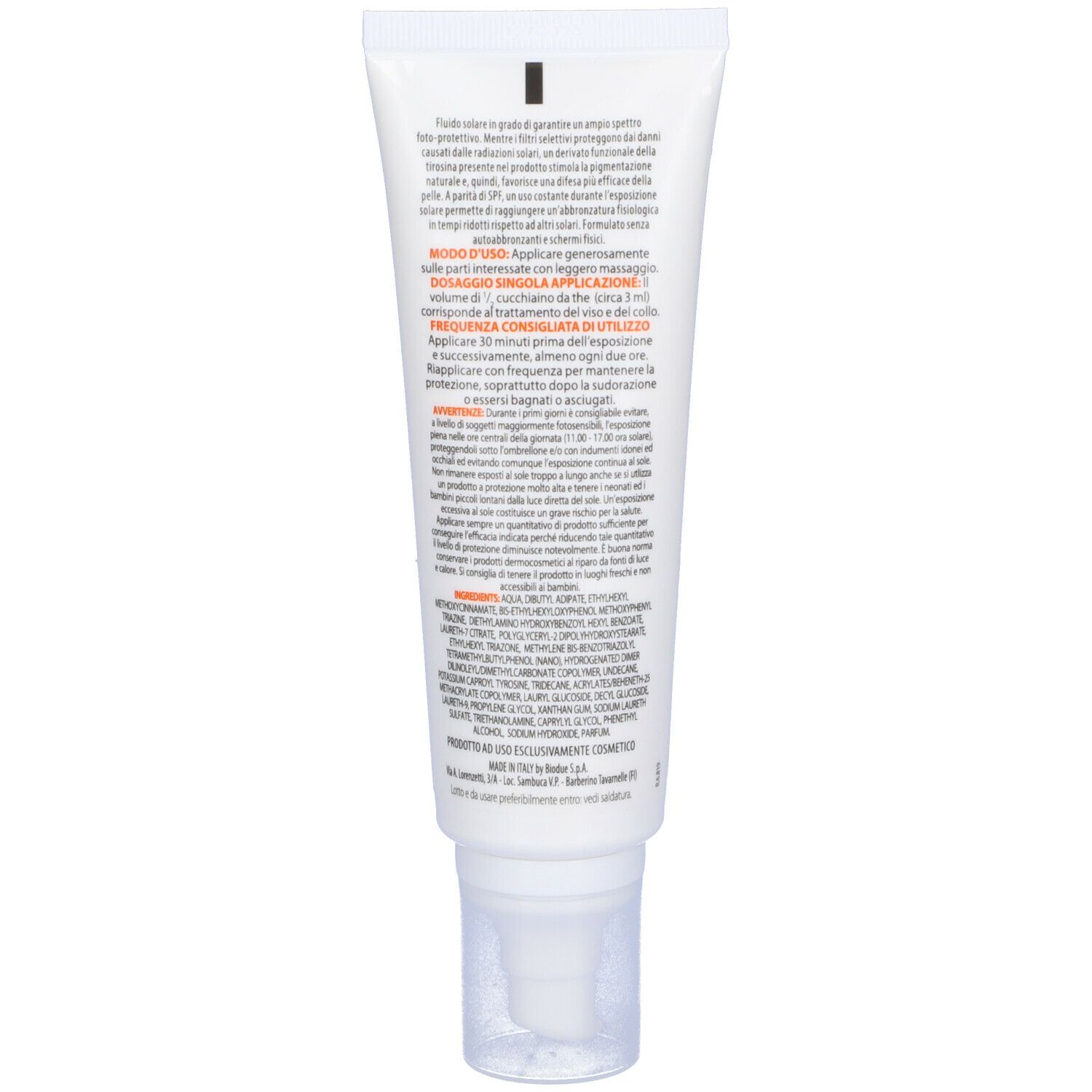 Retro del tubo Pharcos Helioskin Tan SPF50+. Testo con ingredienti e utilizzo.