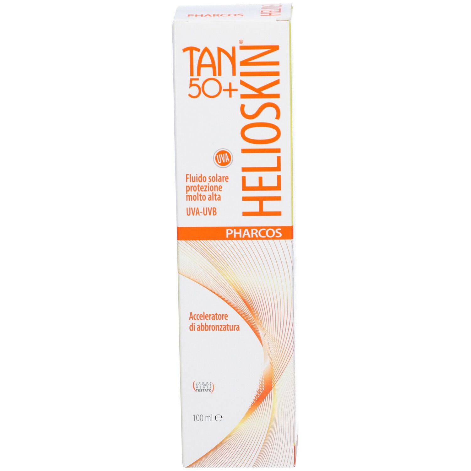 Scatola Pharcos Helioskin Tan SPF50+. Scritta: Tan 50+, Helioskin, UVA-UVB.