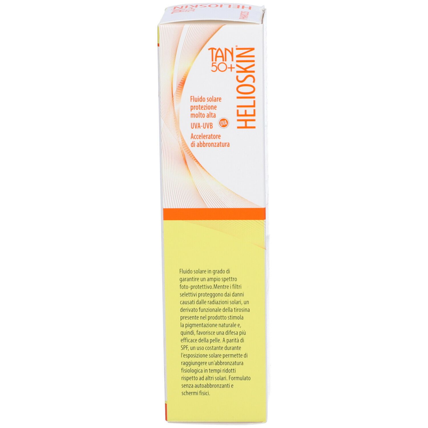Lato della scatola Pharcos Helioskin Tan SPF50+. Testo con informazioni sul prodotto.