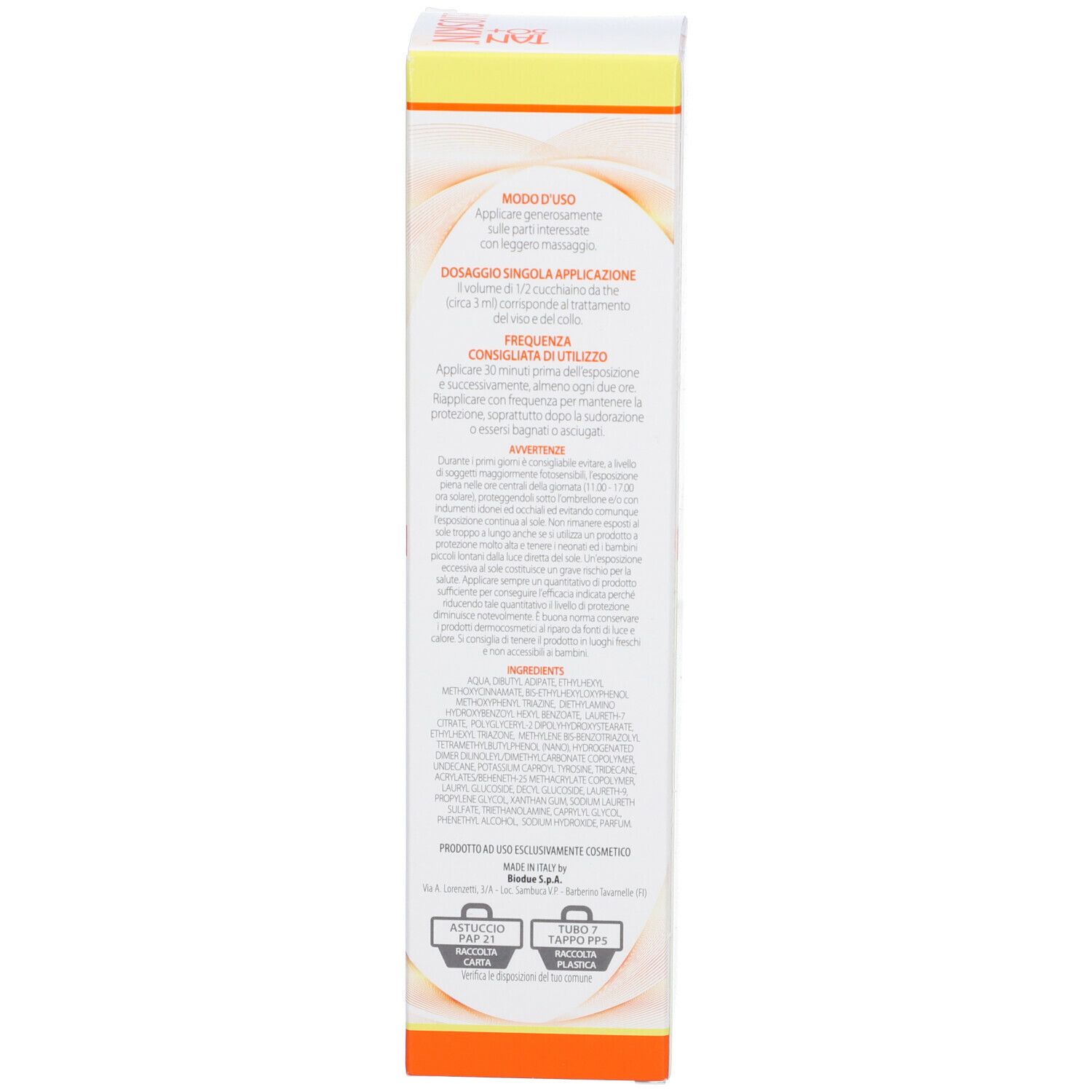 Lato della scatola Pharcos Helioskin Tan SPF50+. Testo con istruzioni per l'uso.