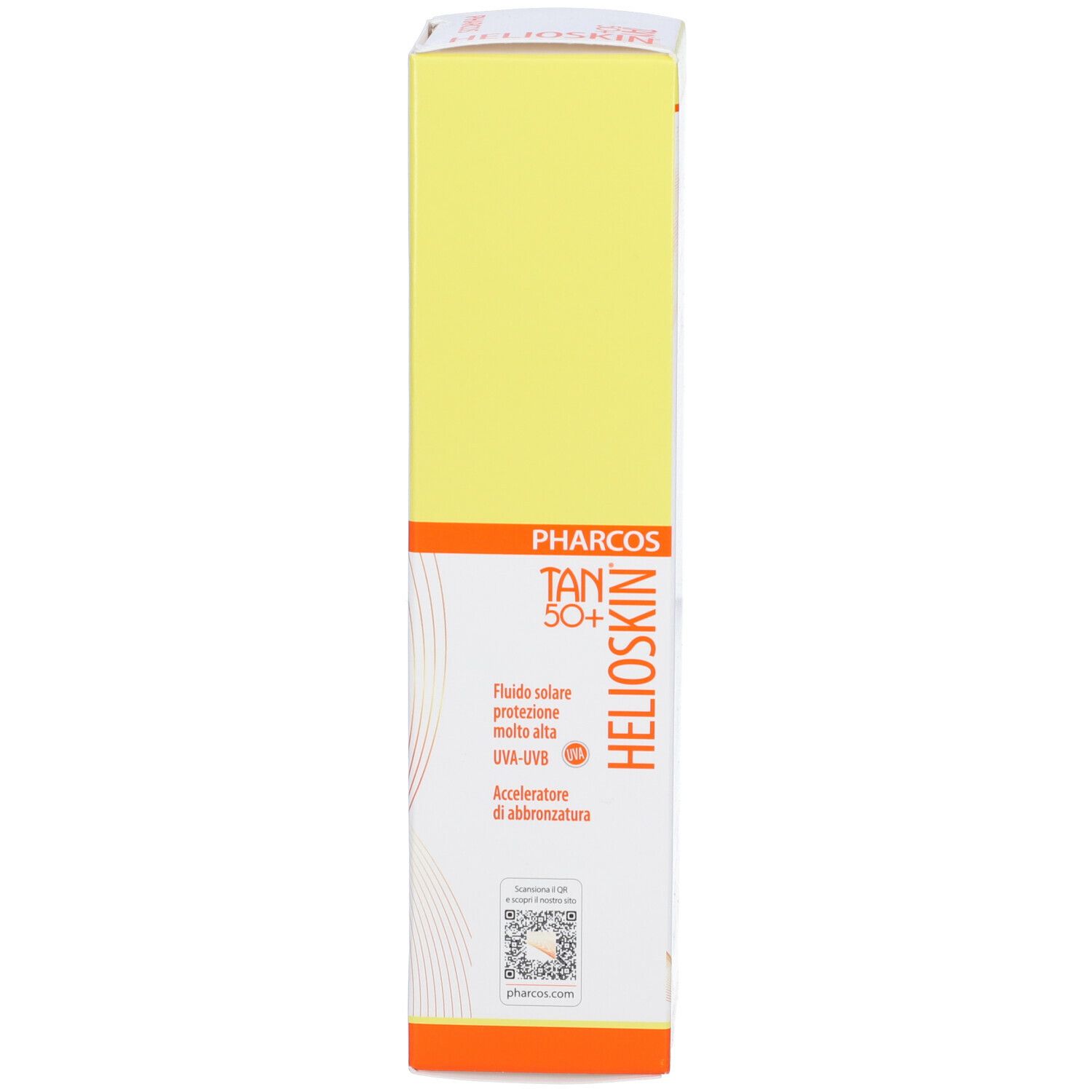Lato della scatola Pharcos Helioskin Tan SPF50+. Scritta: Tan 50+, Helioskin.
