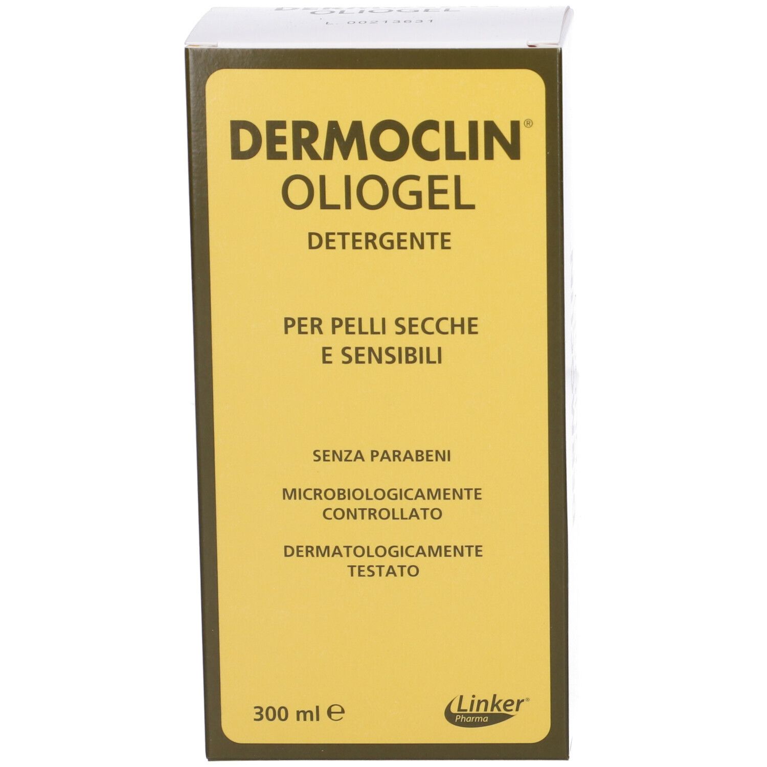 Confezione con nome prodotto Dermoclin Oliogel. Testo: Per pelli secche e sensibili. Logo.
