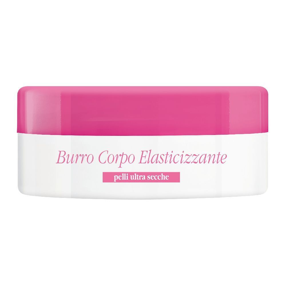 Contenitore bianco con coperchio rosa. Scritta: Burro Corpo Elasticizzante, pelli ultra secche.