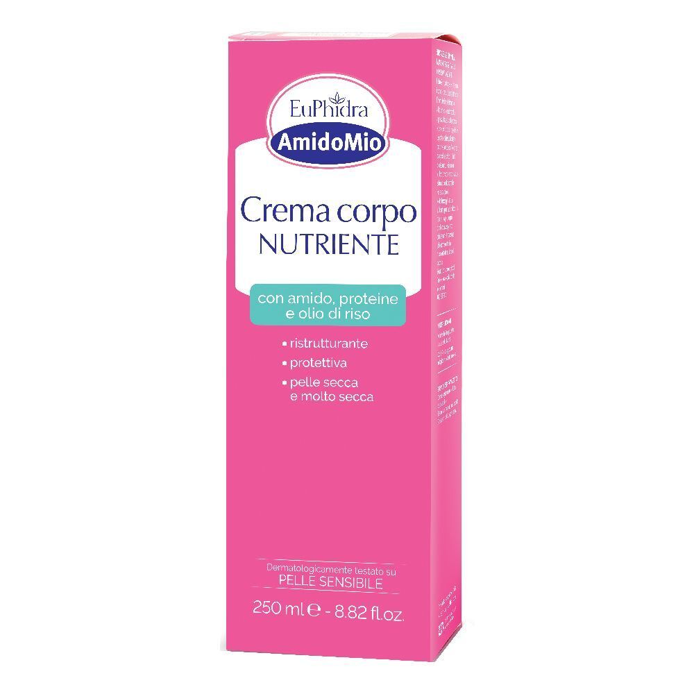 Confezione rosa con nome e logo del prodotto. Crema per pelle secca. 250 ml.