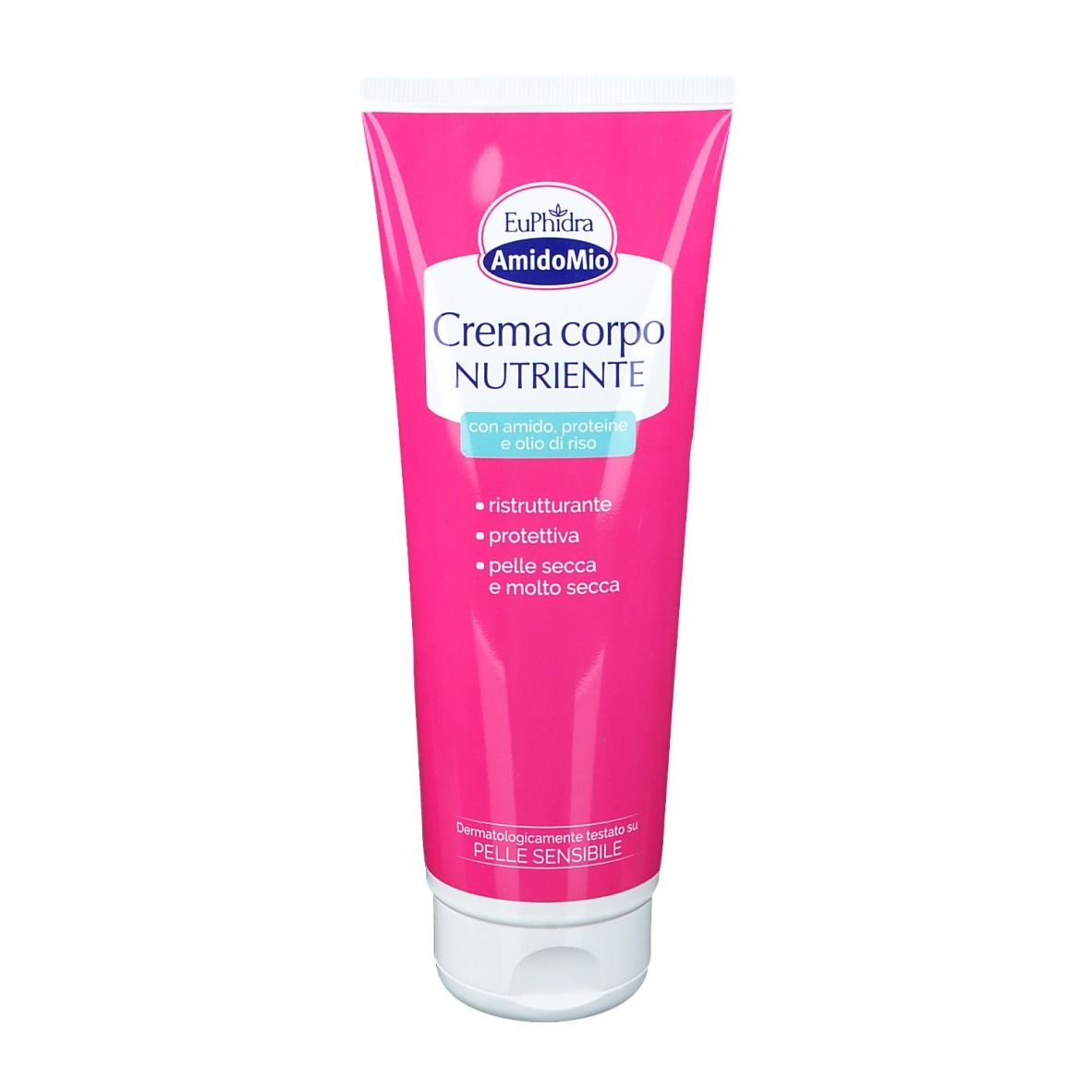 Tubo rosa con nome e logo del prodotto. Crema per pelle secca. Tappo bianco.