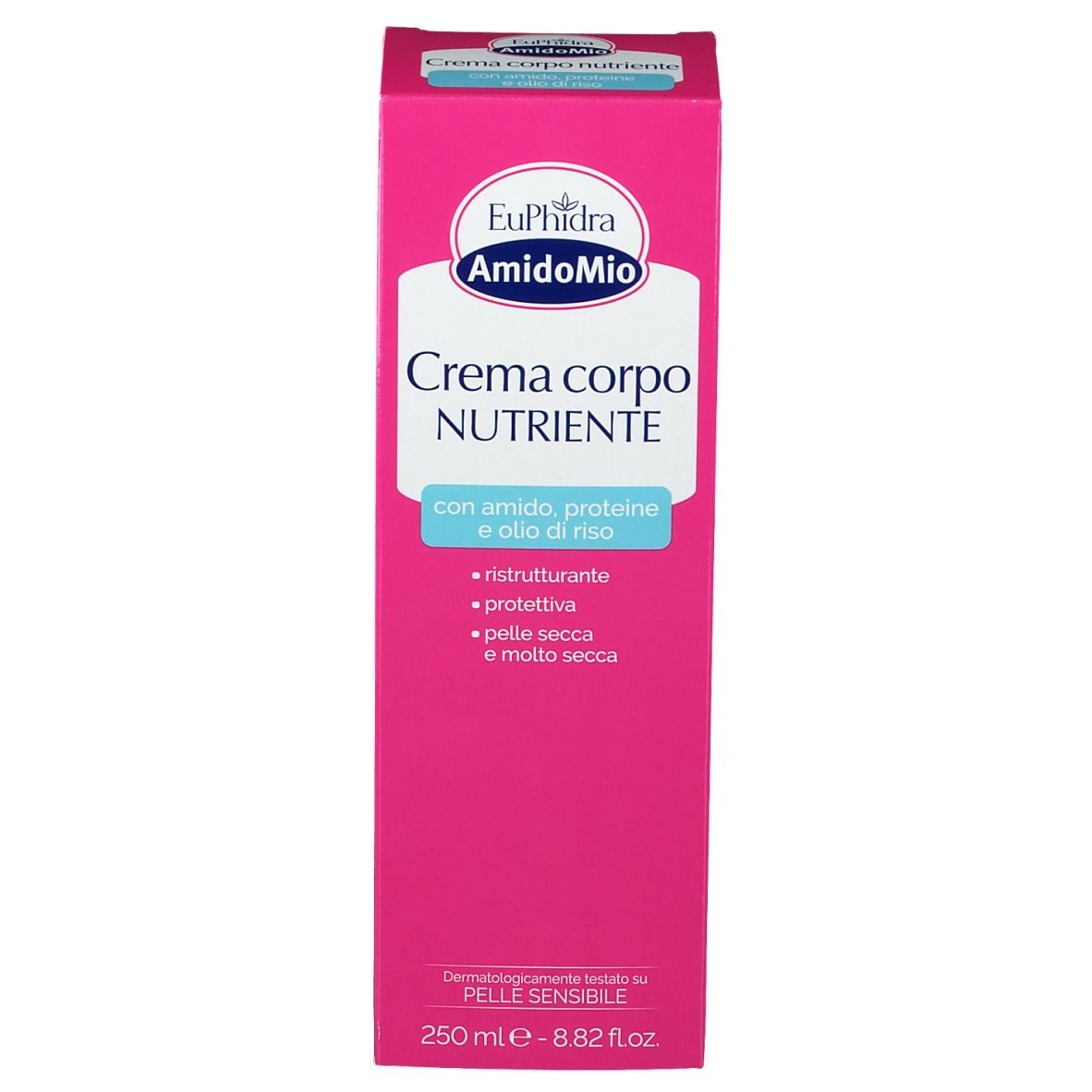 Confezione rosa con nome e logo del prodotto. Crema per pelle secca. 250 ml.