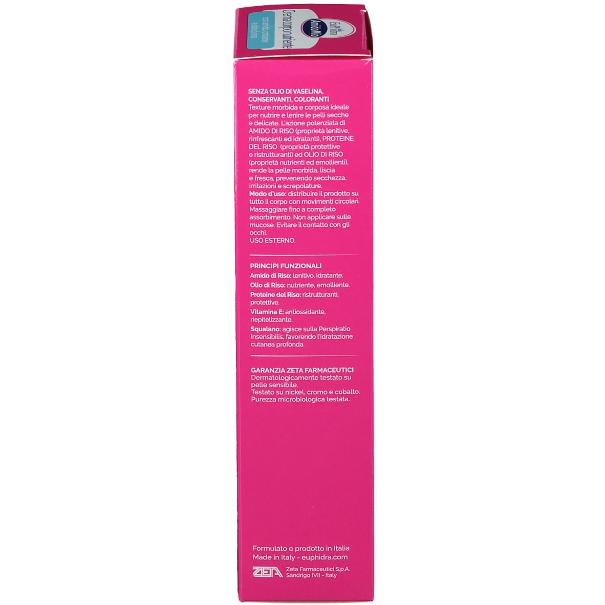 Confezione rosa. Testo multilingue. Informazioni sul prodotto e ingredienti.