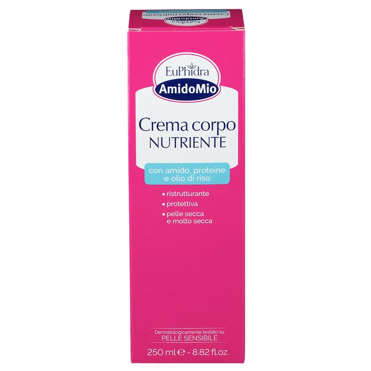Confezione rosa con nome e logo del prodotto. Crema per pelle secca. 250 ml.