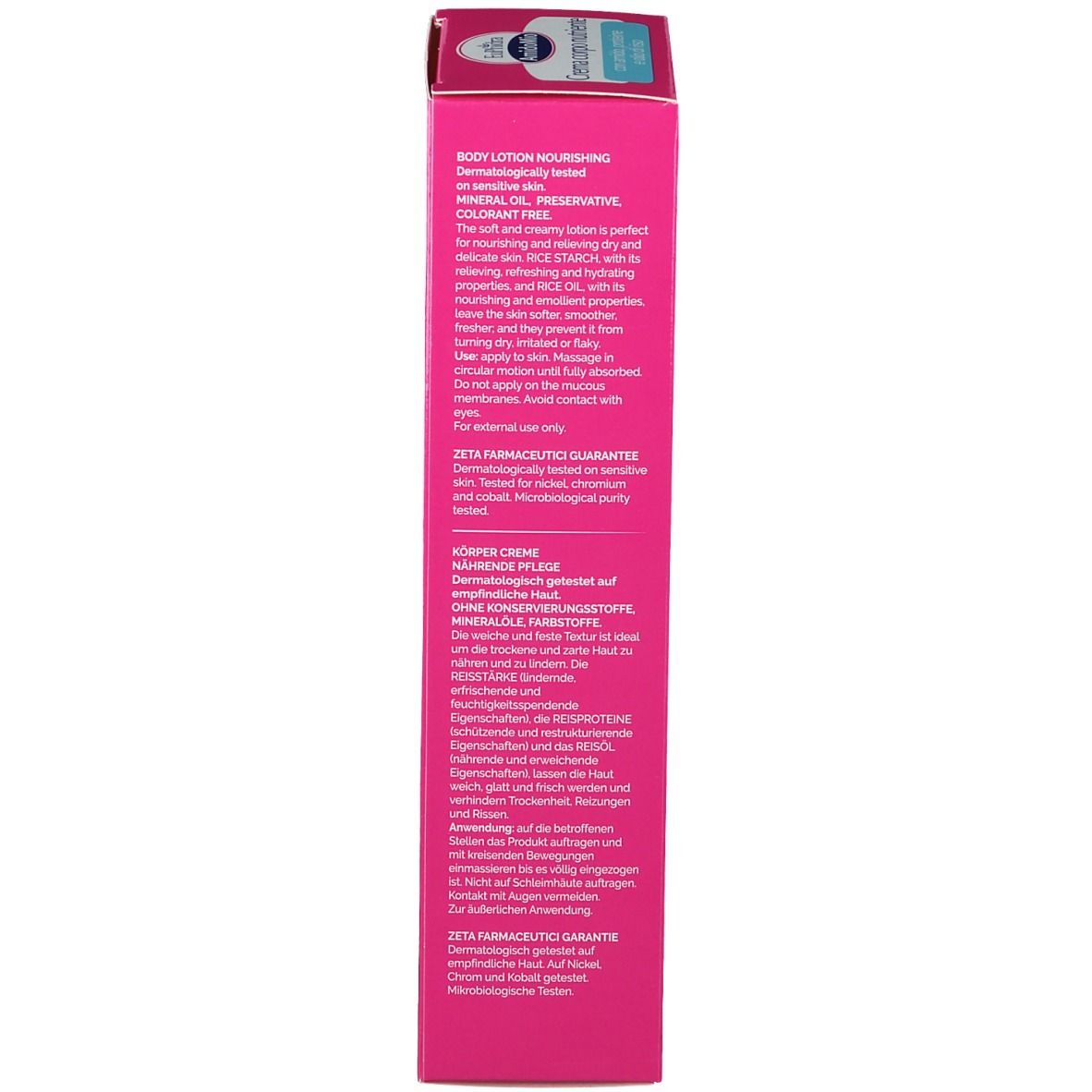 Confezione rosa. Testo multilingue. Informazioni sul prodotto e ingredienti.