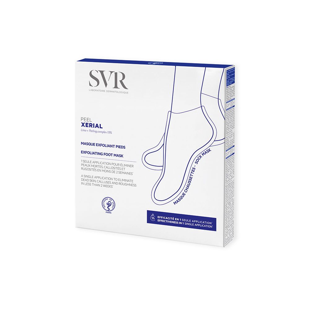 Confezione di maschera per i piedi. Marchio SVR, nome prodotto XERIAL Peel. Illustrazione di piedi. Testo in francese.