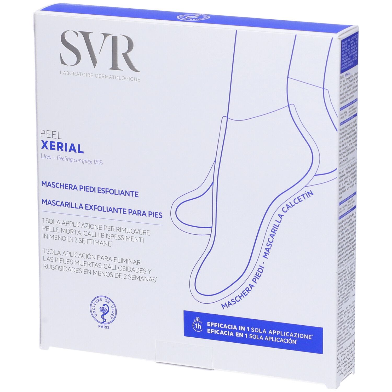 Confezione di maschera per i piedi. Marchio SVR, nome prodotto XERIAL Peel. Testo in italiano e spagnolo.