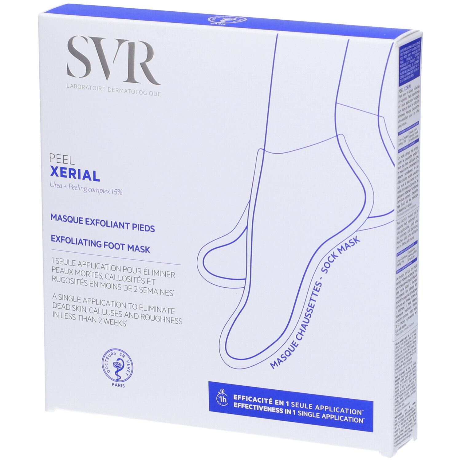 Confezione di maschera per i piedi. Marchio SVR, nome prodotto XERIAL Peel. Testo in francese. Illustrazione di piedi.