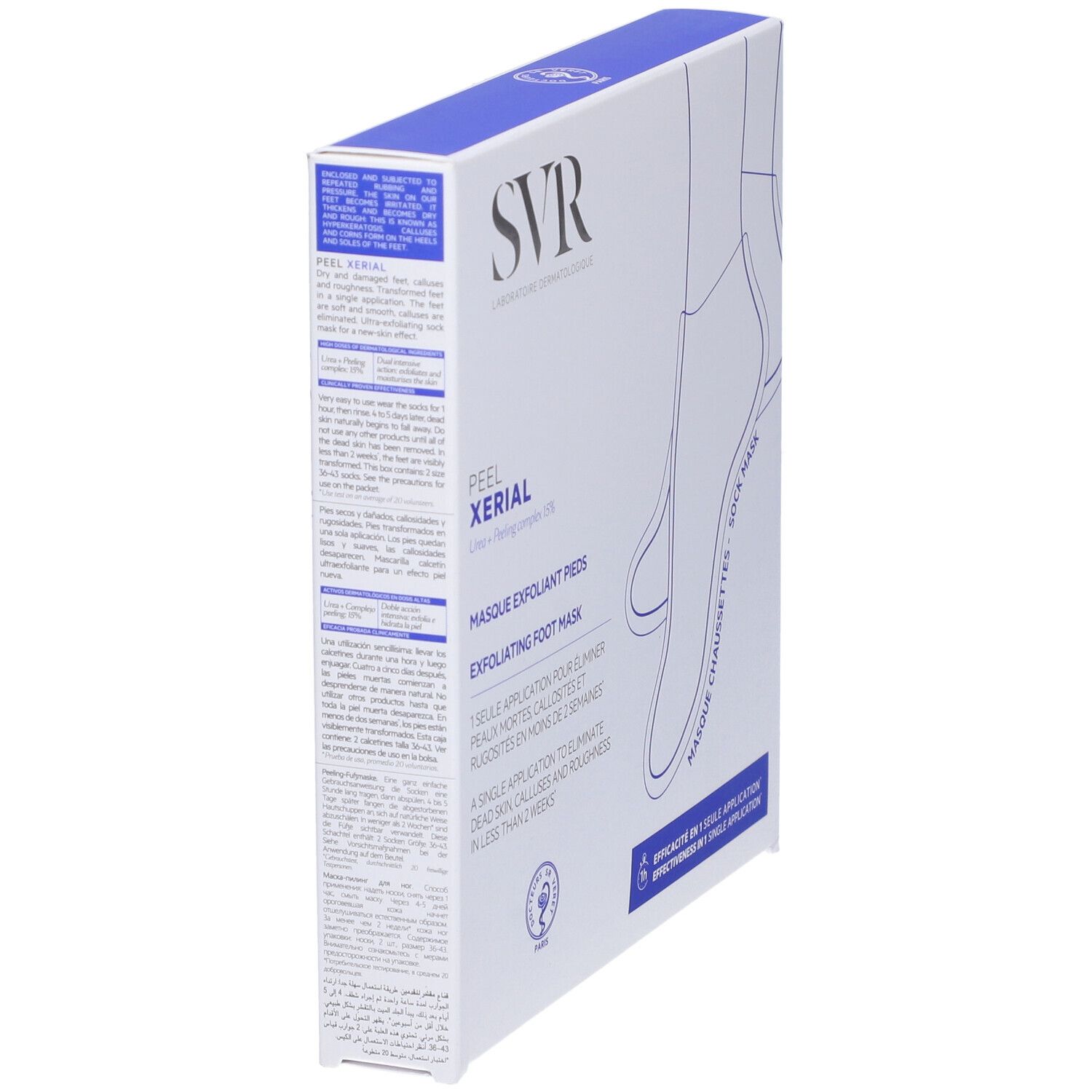 Confezione di maschera per i piedi. Marchio SVR, nome prodotto XERIAL Peel. Testo multilingue. Vista obliqua.