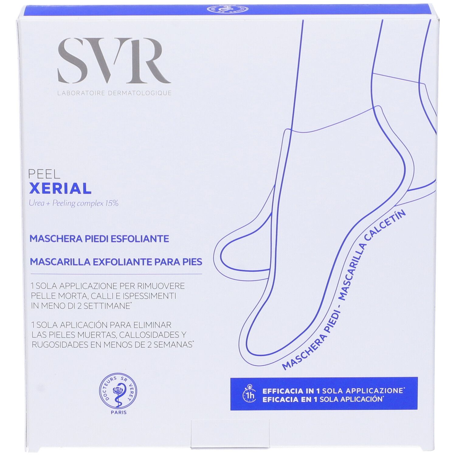 Confezione di maschera per i piedi. Marchio SVR, nome prodotto XERIAL Peel. Testo in italiano e spagnolo.