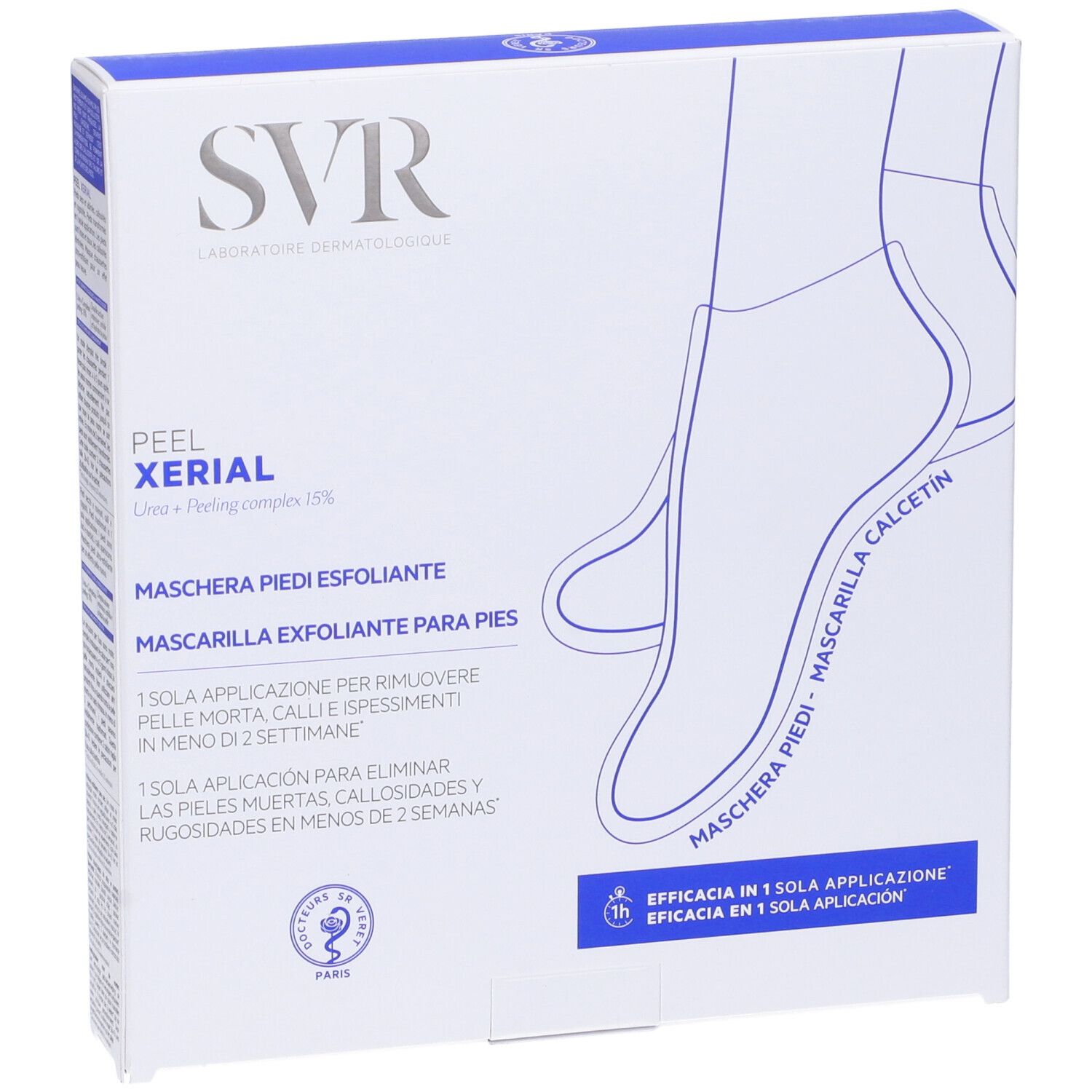 Confezione di maschera per i piedi. Marchio SVR, nome prodotto XERIAL Peel. Testo in italiano e spagnolo.
