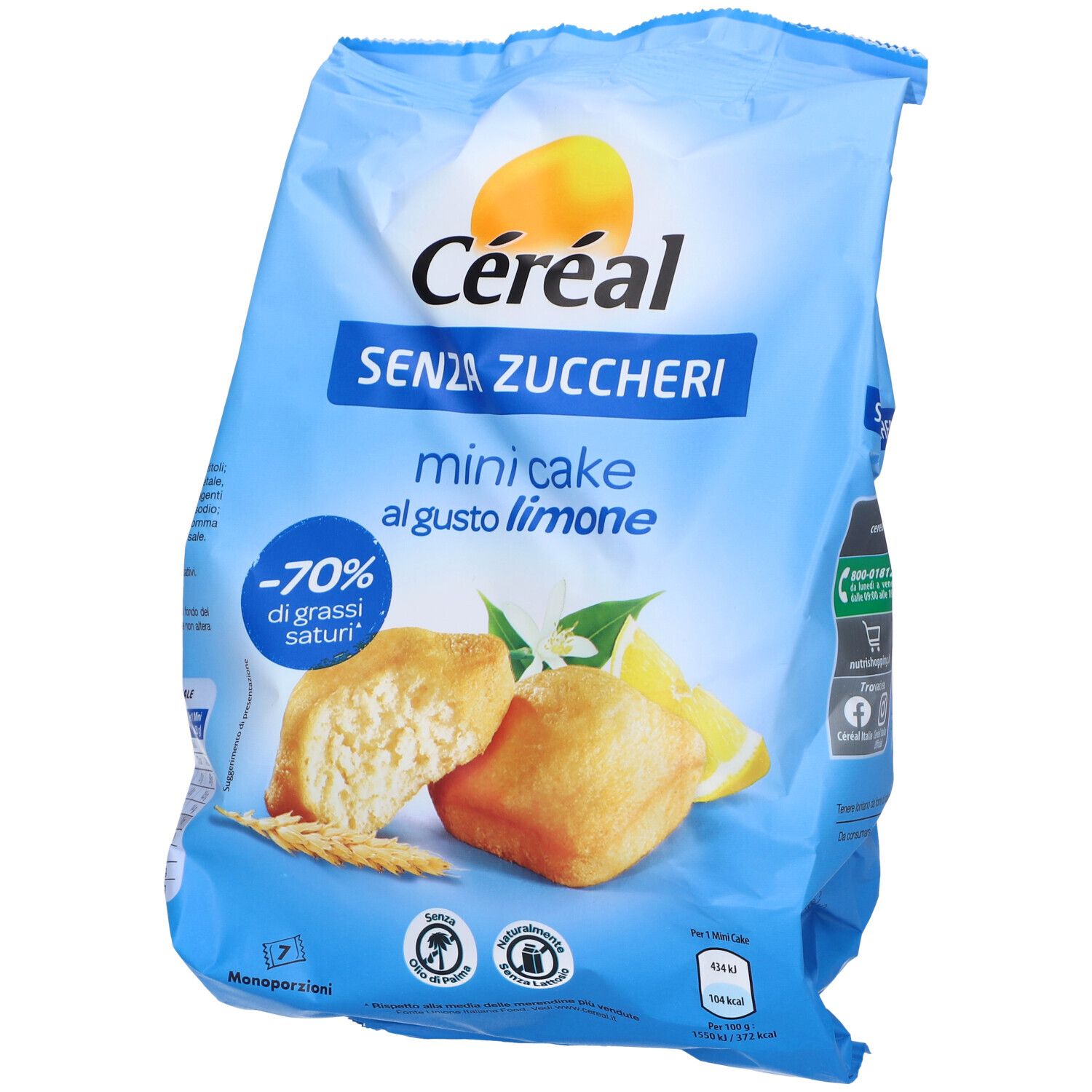 Confezione di Céréal Mini Cake al gusto limone, senza zuccheri. Confezione blu con immagine del prodotto e logo.