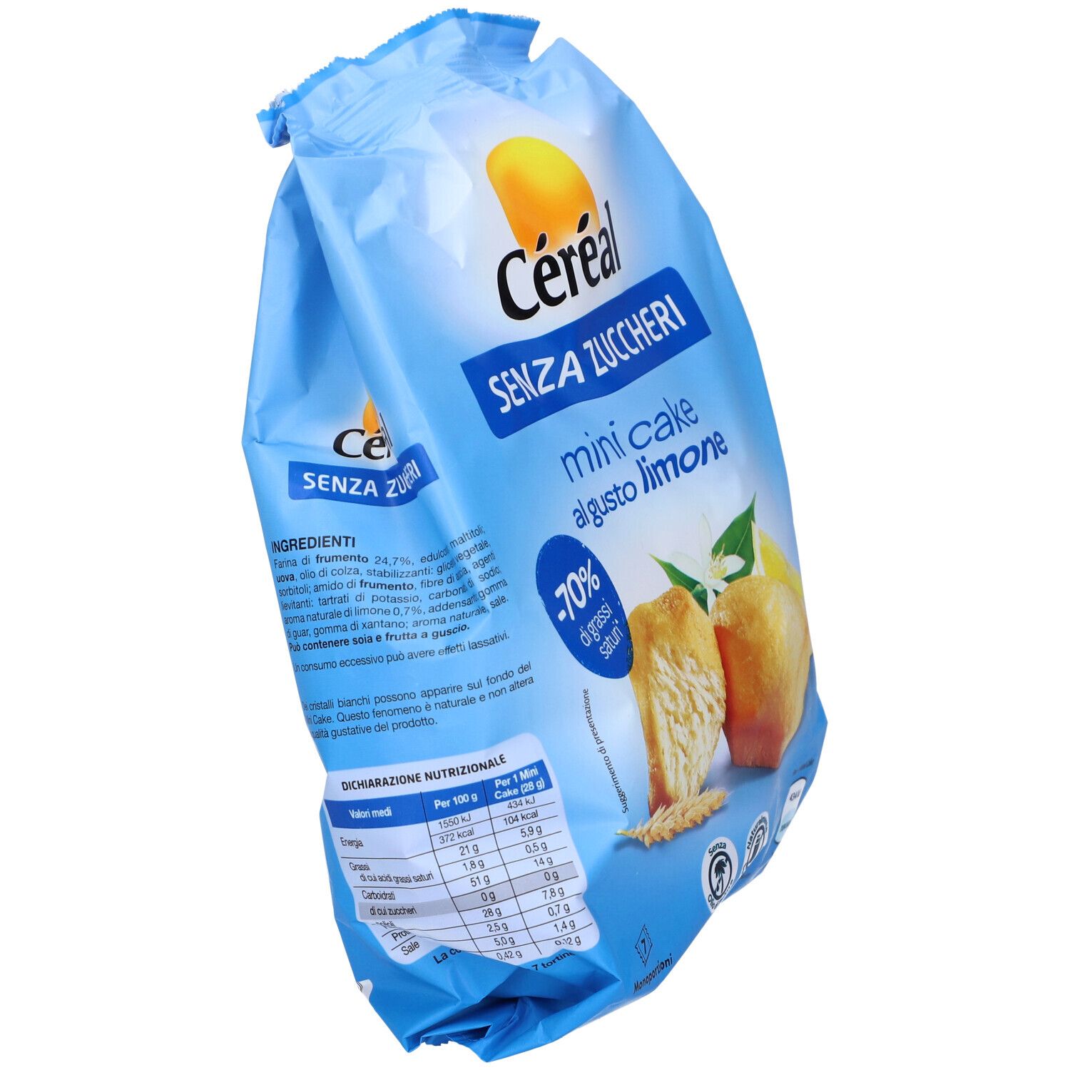 Confezione blu di Céréal Mini Cake al limone, senza zuccheri. Immagine del prodotto e informazioni nutrizionali.
