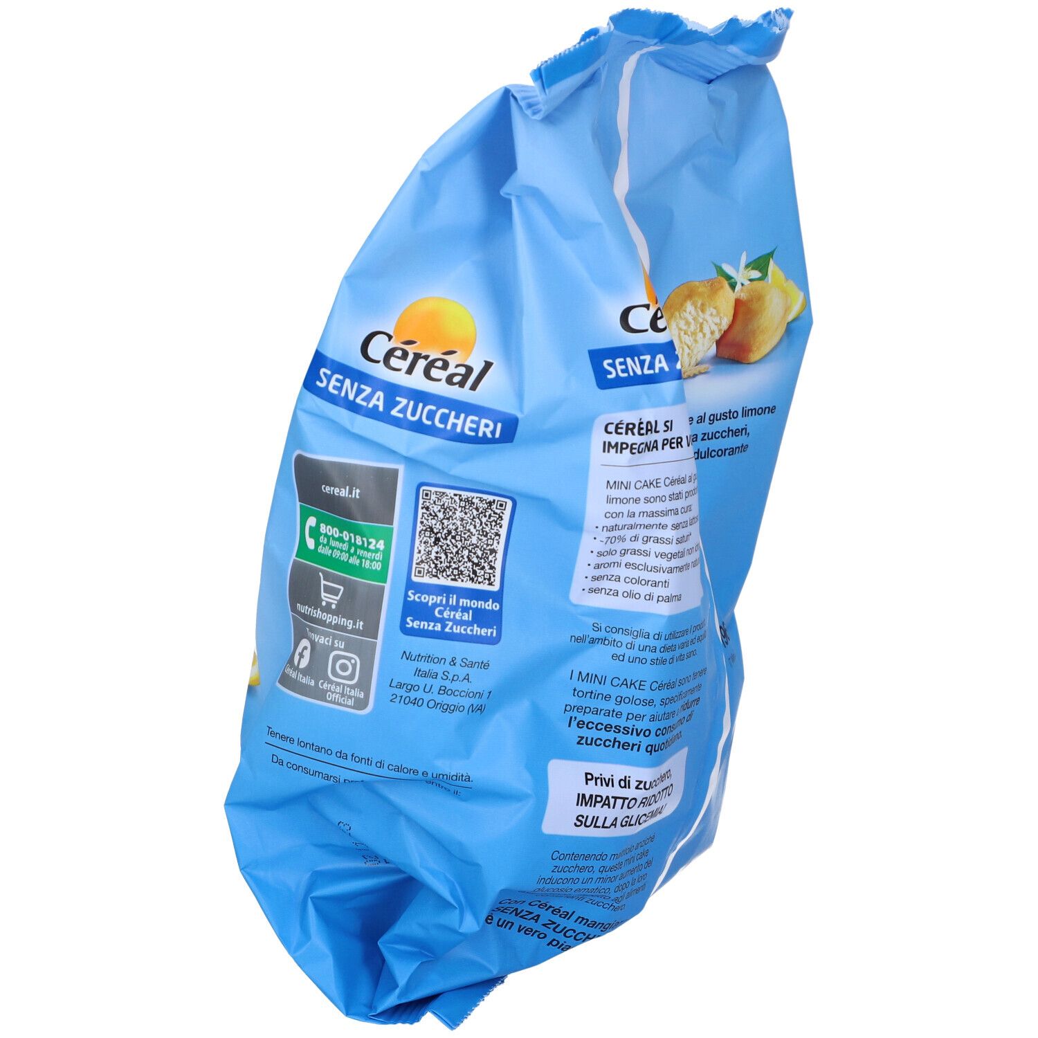 Confezione blu di Céréal Mini Cake al limone, senza zuccheri. Immagine del prodotto e logo.