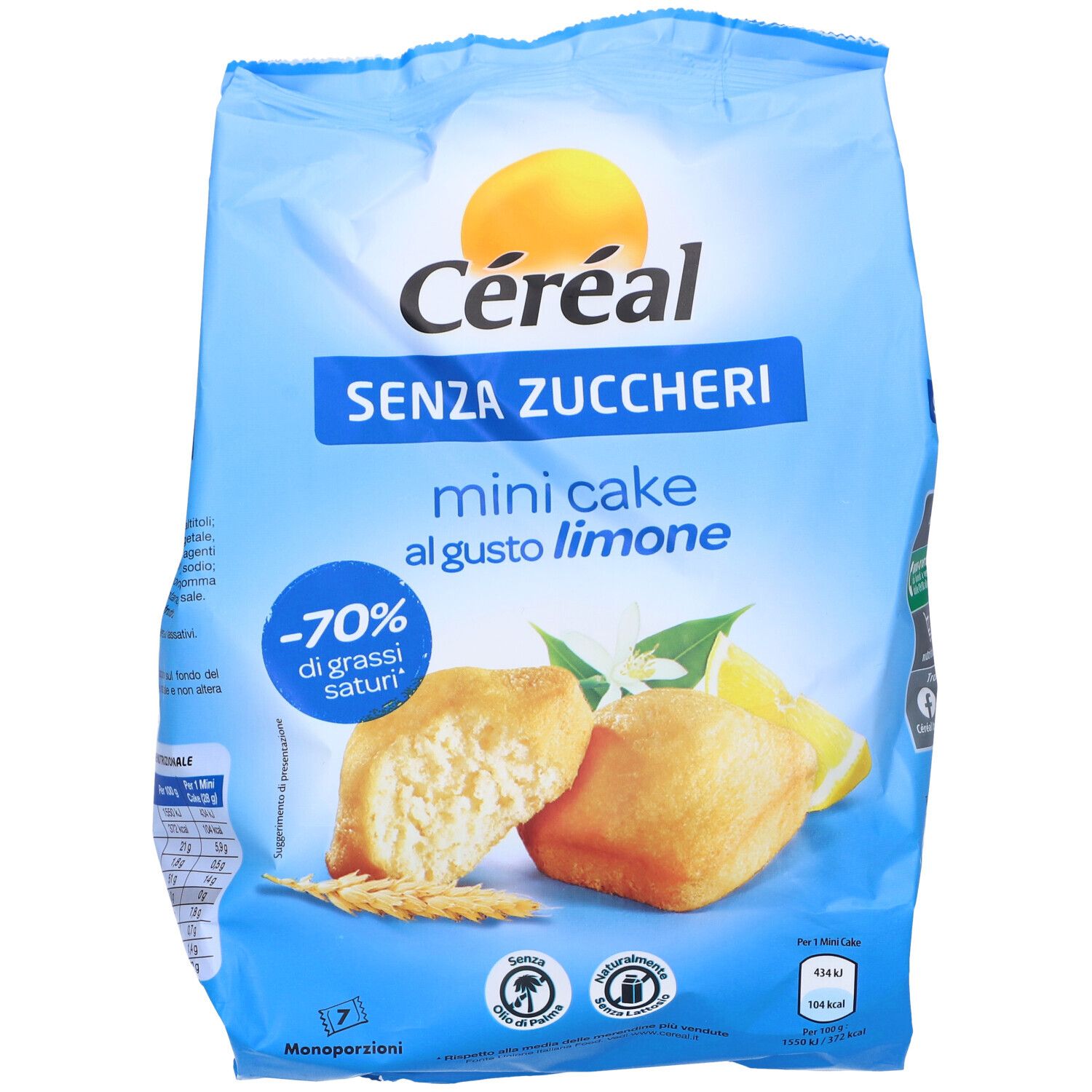 Confezione di Céréal Mini Cake al gusto limone, senza zuccheri. Confezione blu con immagine del prodotto e logo.